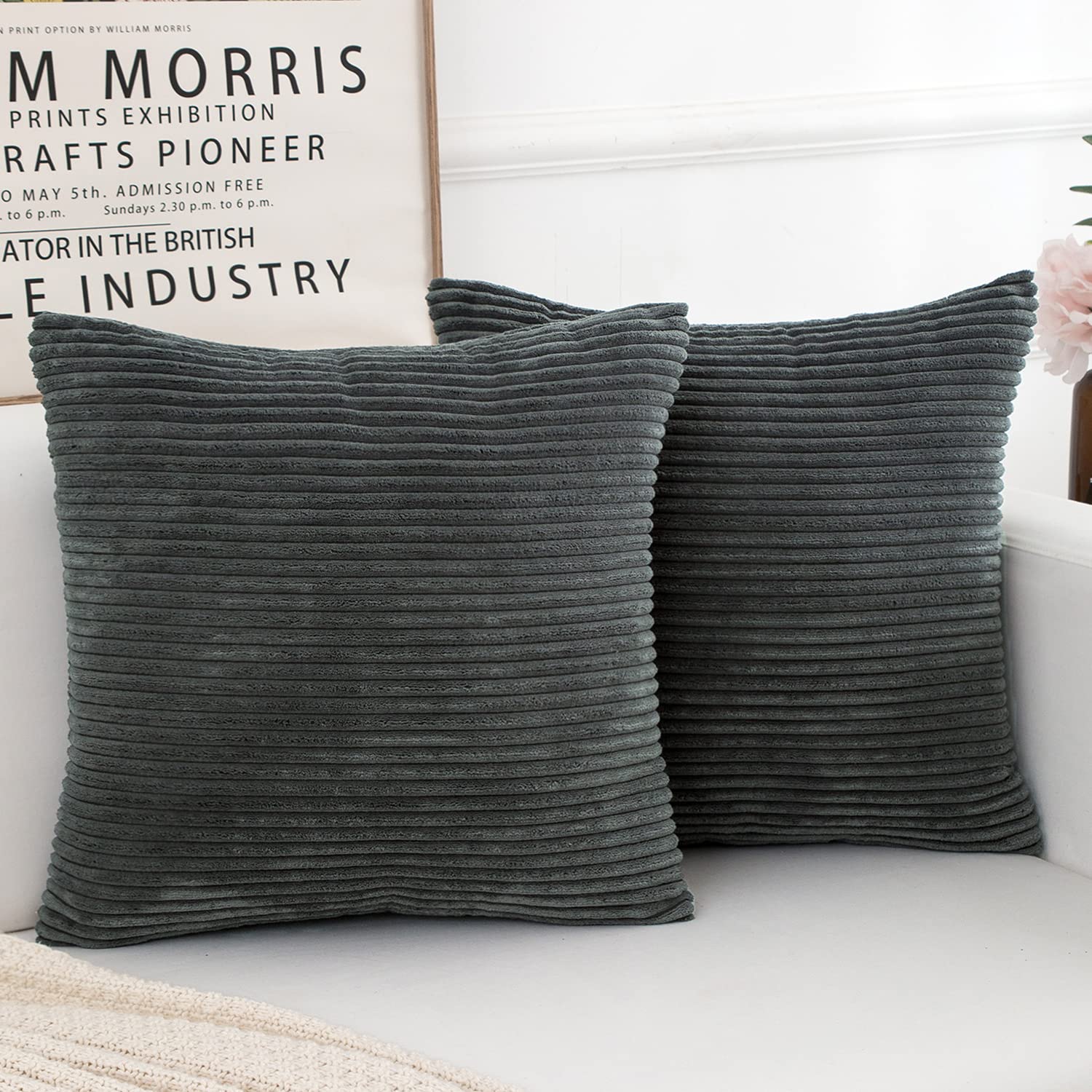 Yonous Dark Grey Corduroy Cushion Covers, Soft Square Decorative Throw Pillow Home Decor For Living Room Couch Bed Sofa, Set Of 2 Pack, 45X45 Cm / 18X18 Inch