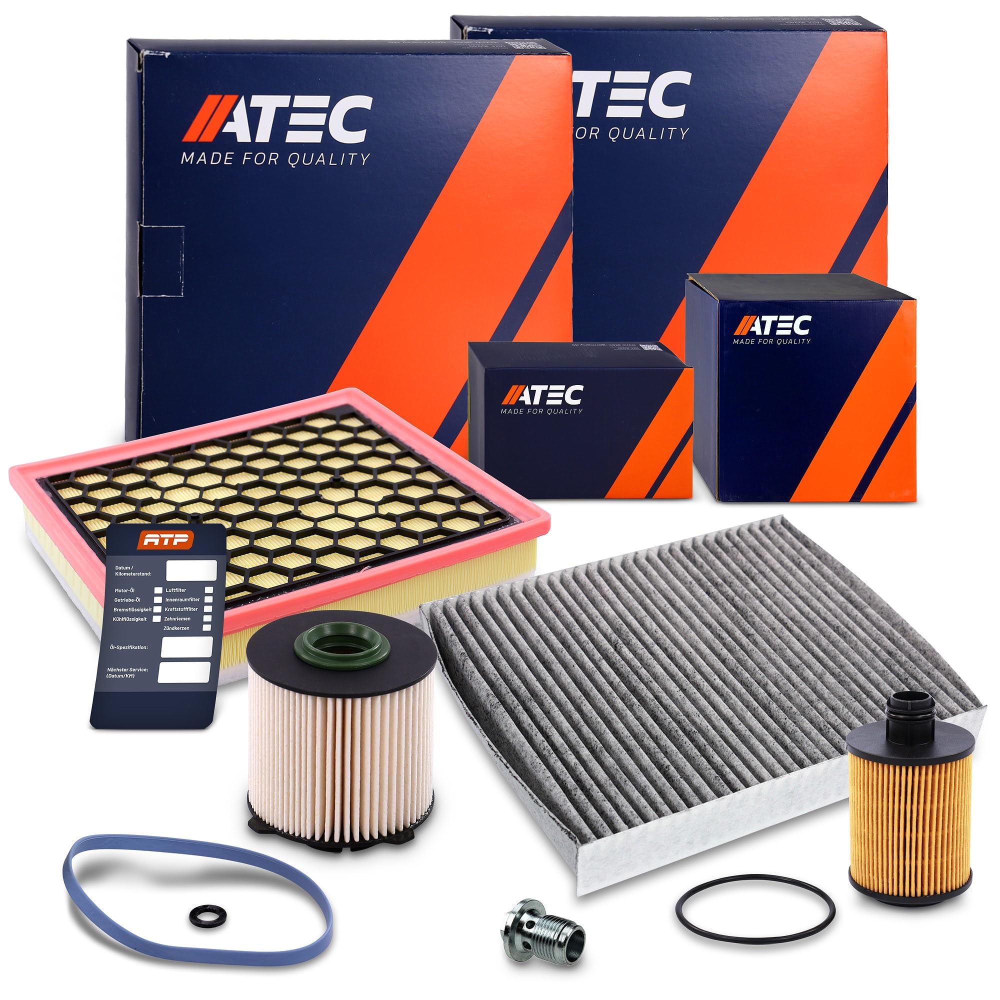 ATEC Germany Inspektionspaket Filterset 1x Ölfilter, 1x Kraftstofffilter, 1x Luftfilter, 1x Innenraumfilter (Aktivkohle), 1x Ölwechselanhänger, Kompatibel mit OPEL INSIGNIA A (G09), SAAB 9-5 (YS3G)