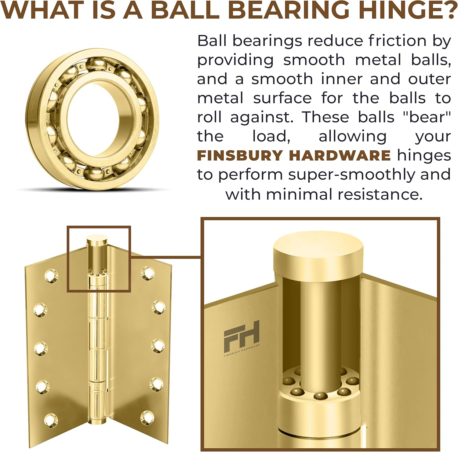 Solid Brass Door Hinge Heavy Duty Ball Bearing Polished Shiny Gold 6x6 Inch with Decorative Screw-on Tips Included - Set of 2 Hinges (Polished Brass)