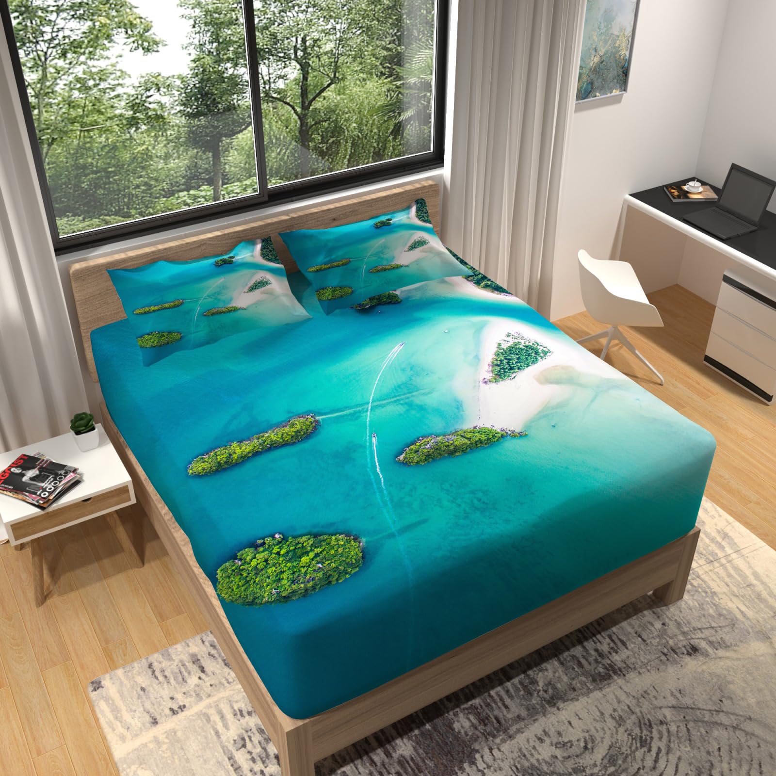 Spannbettlaken 140x200cm See Blauer Baum Matratzenbezug Bettlaken 140x200 Bed Linen Mikrofaser Matratzenbezug Atmungsaktiv Bed Sheets Bettbezug 30cm Extra Tiefe Spannbetttücher