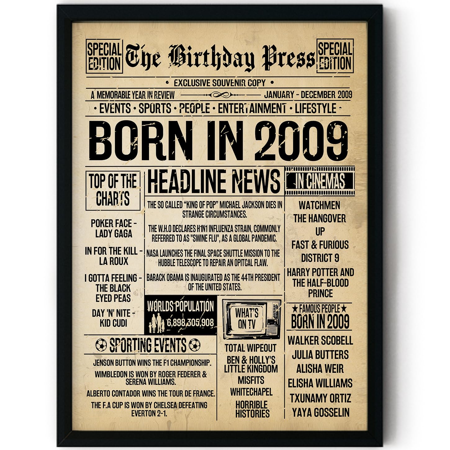 Stuff4 Girls 2009 17Th Birthday Poster Framed - Born In Vintage Newspaper - Happy 17Th Birthday Gifts For Boys Retro Back In 8X10 Inch Decor Decoration Bday Party