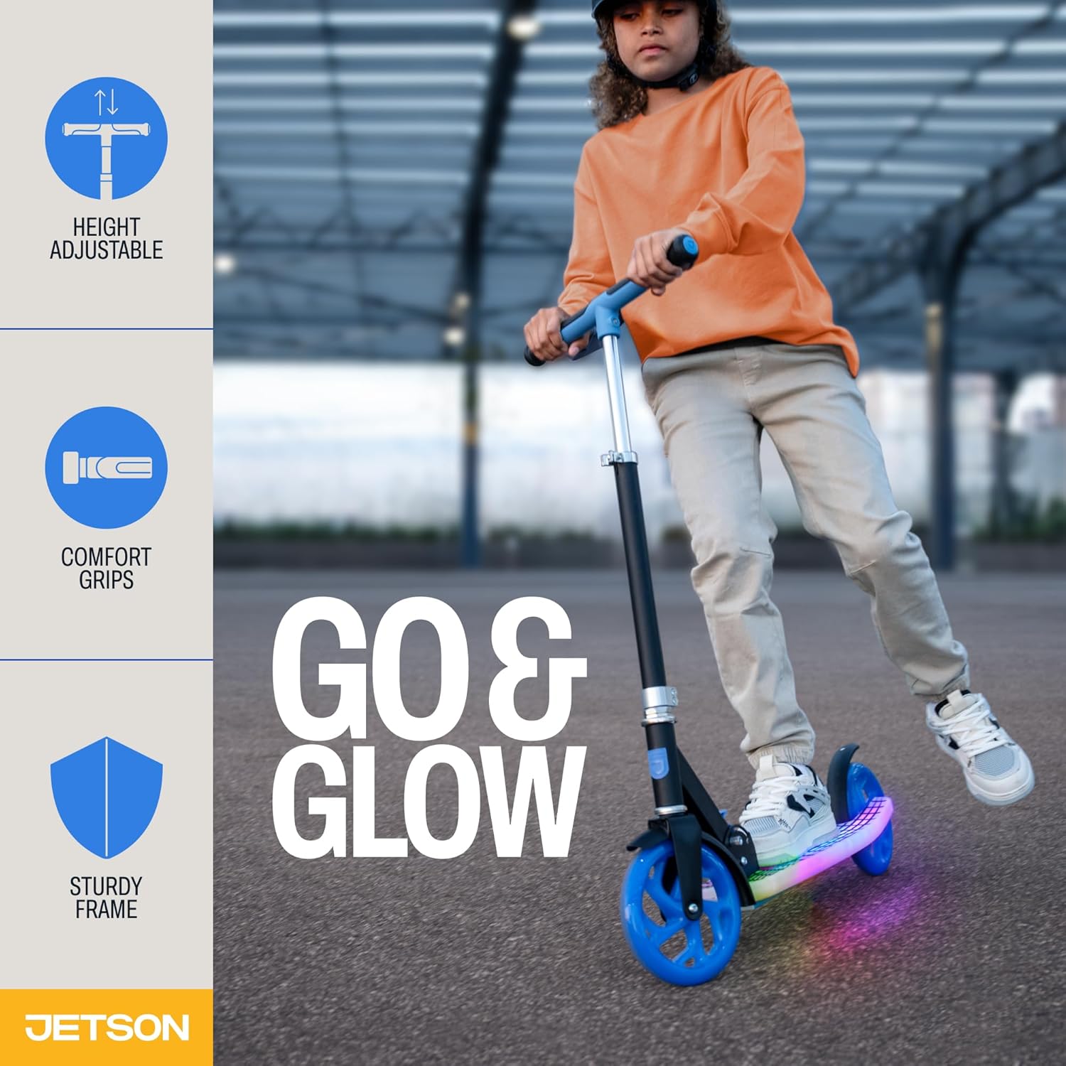 Jetson Jupiter Kids 2-Wheel Light-Up Kick Scooter, LED Lights on Handlebar, Stem, Wheels & Deck, Adjustable Handlebar, Rear Brake, Easy-Folding Mechanism, Ages 5+