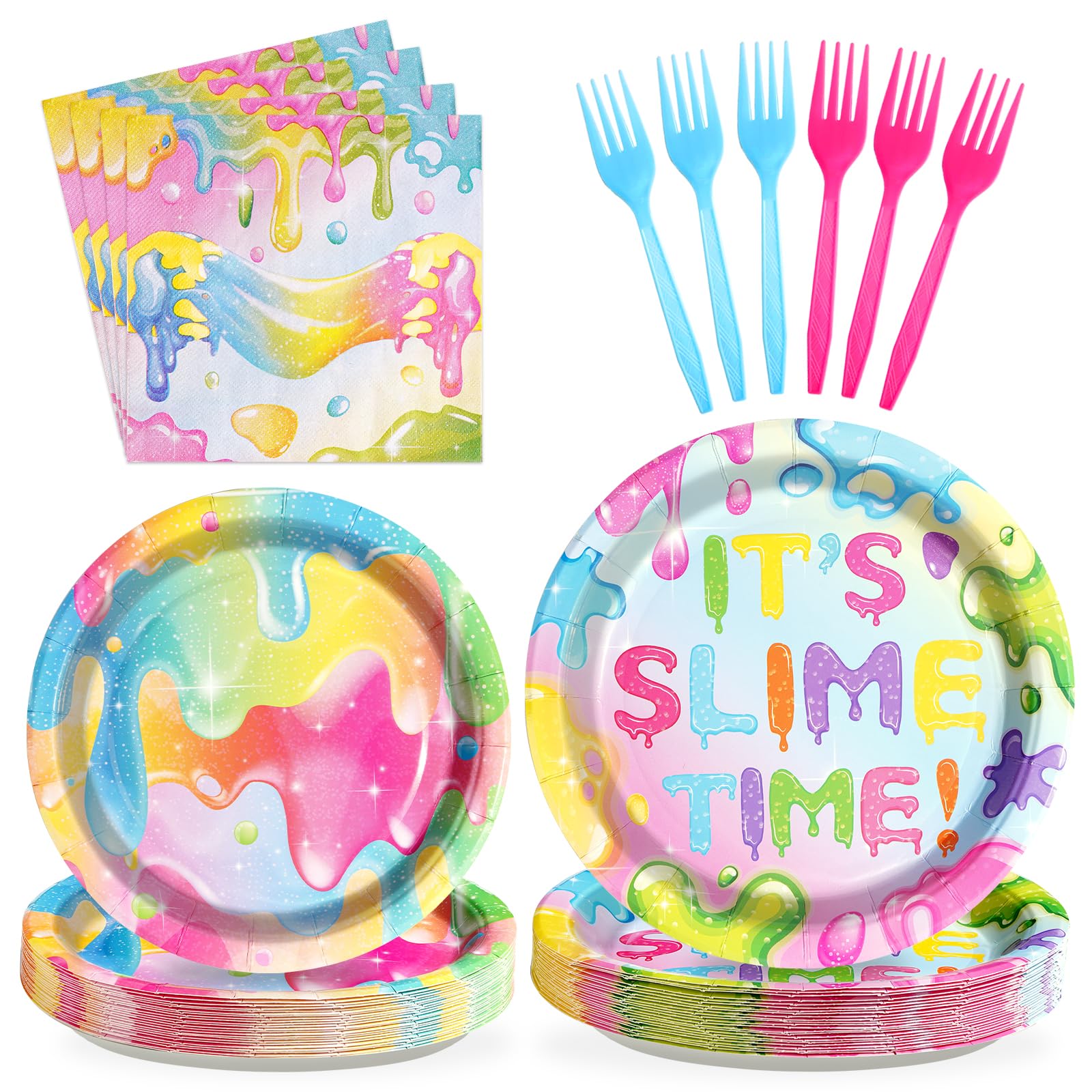 96Pcs Slime Birthday Party Decorations Colorful Slime Party Plates Disposable 350GSM It's Slime Time Paper Tableware Set for Boys Girls Glitter Slime Splatter Splash Birthday Party, Serves 24