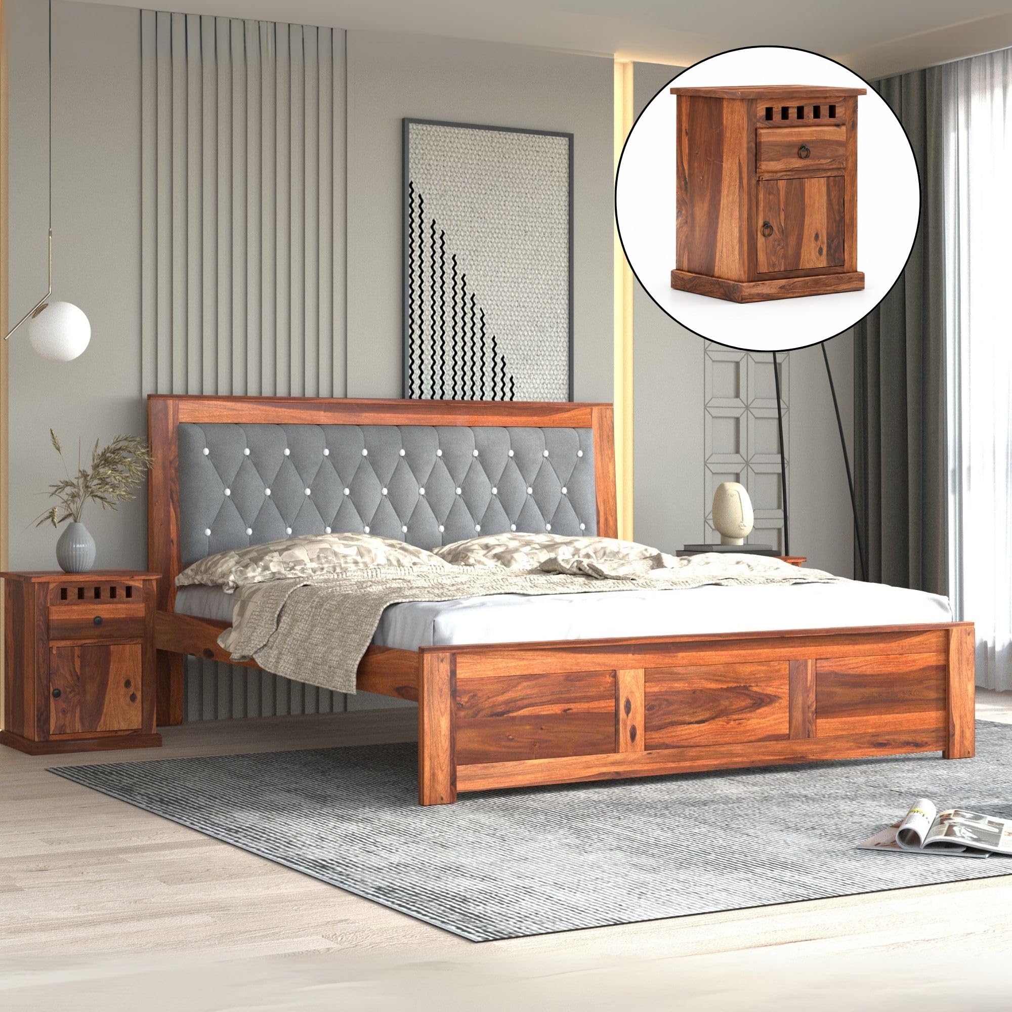 SONA ART & CRAFTS Zeus Solid Sheesham Wood Bed Queen Size Without Storage (78x60) with 2 Bedside Table, Cushioned Upholstered Beds Double Bed Queen Size Cot for Bedroom (Honey Teak Finish)