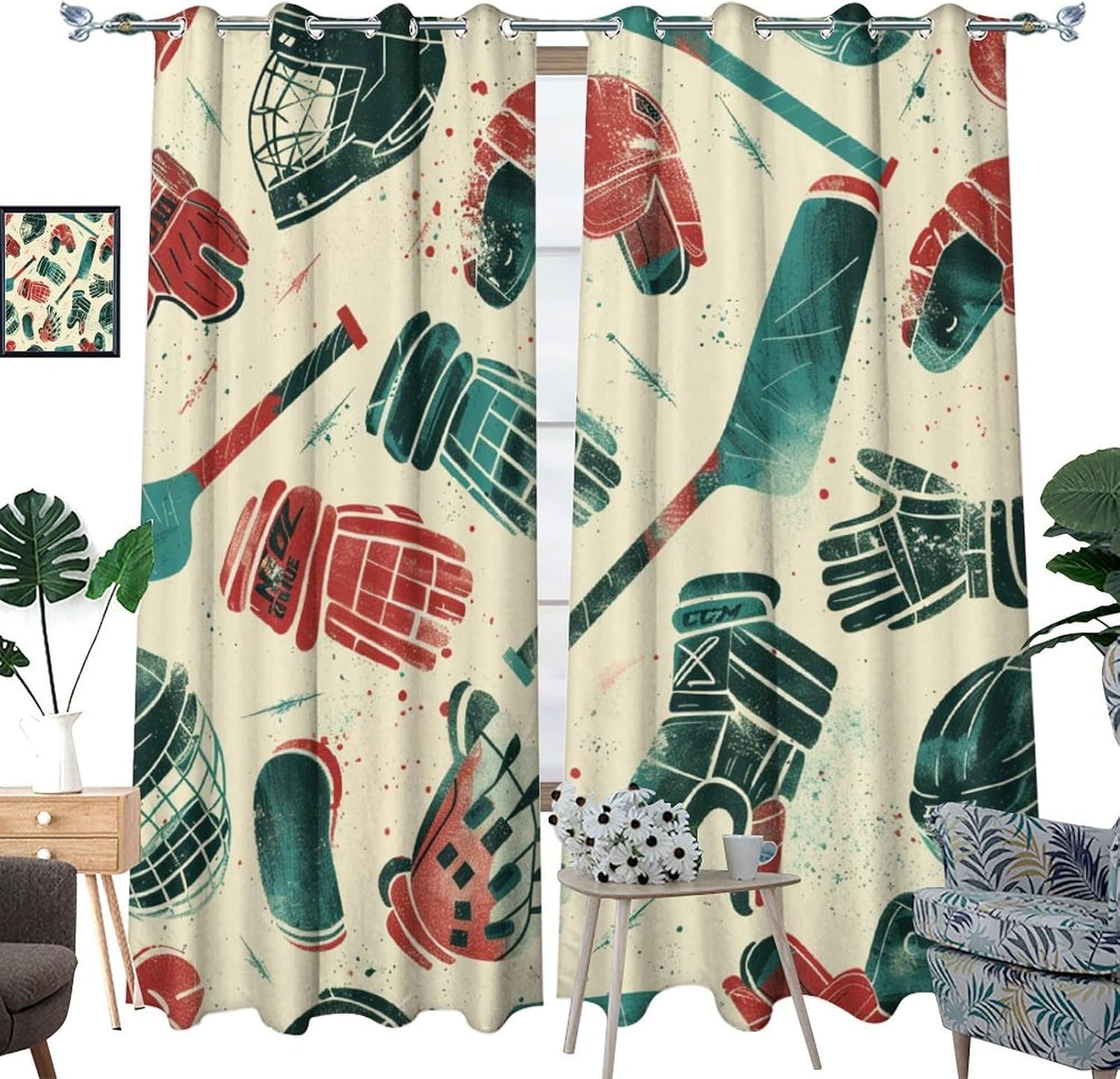 Vintage Hockey Stick Curtains for Bedroom, Ice Sports Player Helmet Grommet Blackout Curtains Thermal Insulated Window Drapes for Living Room, 42W x 84L, 2 Panels