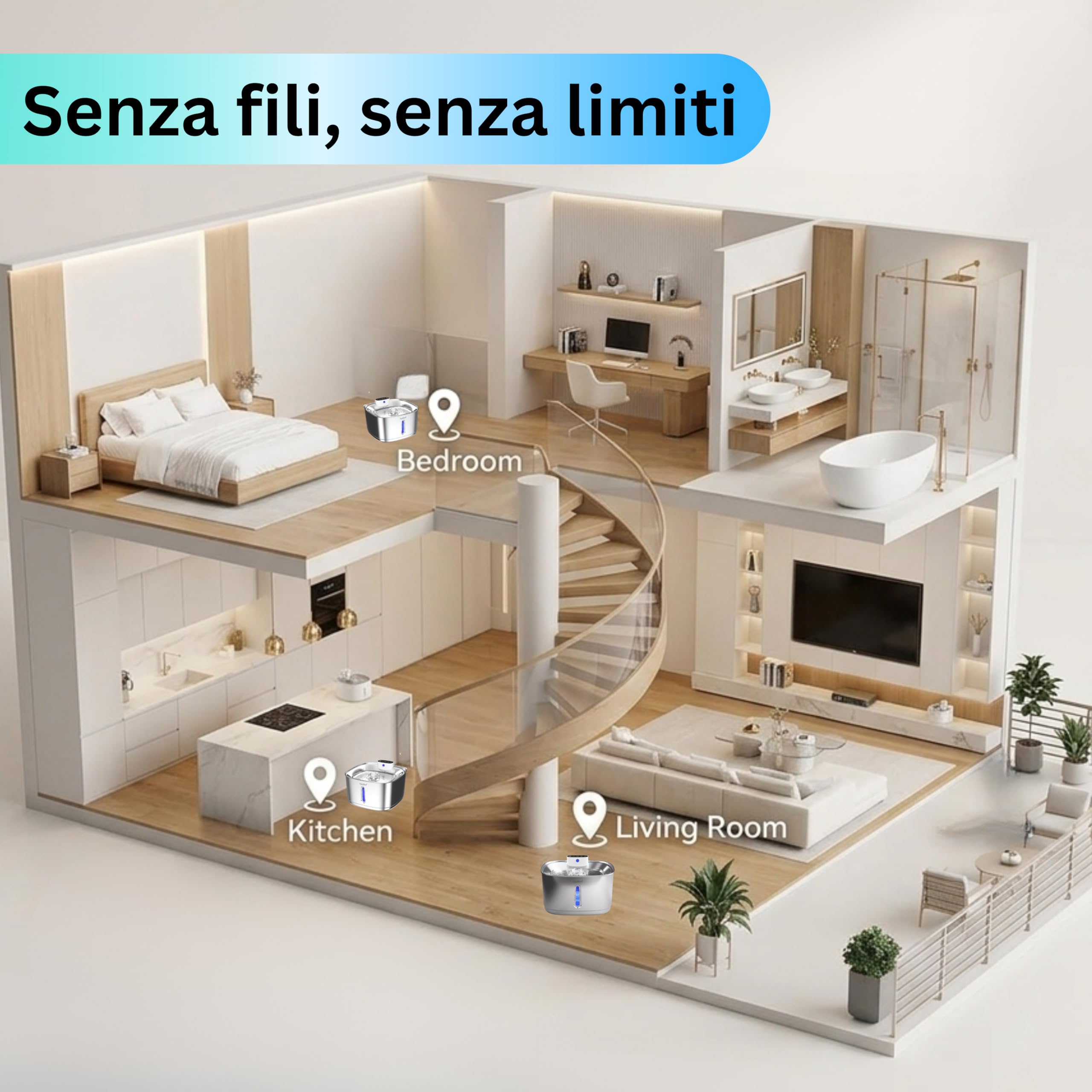 Fontana per l'acqua senza fili CaniMood da 3,2 litri per cani e gatti – Ultra silenziosa con sensore di movimento, filtrazione continua, LED, acciaio inossidabile