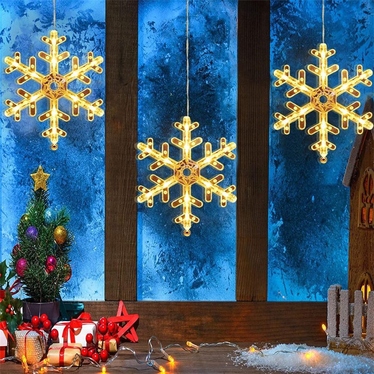 ABIN 3PCS Christmas Window Lights | Hanging Christmas Window Lights with Suction Cups, Battery Operated Christmas Decorations Fairy Lights for Indoor Outdoor, Wedding, Party, Bedroom (Snowflake)