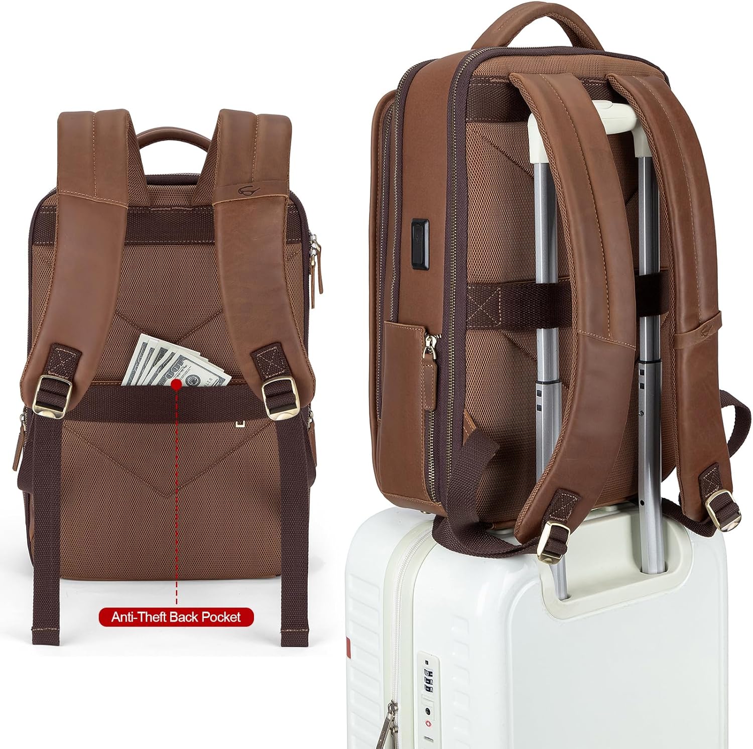 Tzowla Leather Laptop Backpack, Bag for Men and Women,Business Travel Work Rucksack Fits 15.6 Inch Laptop,Bookbag with USB and Type-C Charging Port-Black - Image 5