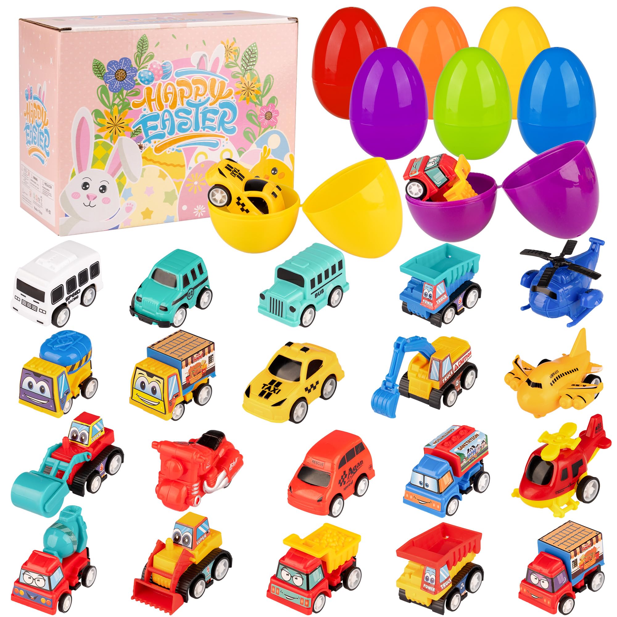 Leismy 20 PCS Easter Eggs Basket Stuffers with Pull Back Construction Truck Engineering Vehicles Bus Helicopter Large Easter Suprise Egg for Birthday Class Party Favors(Not Pre-filled)