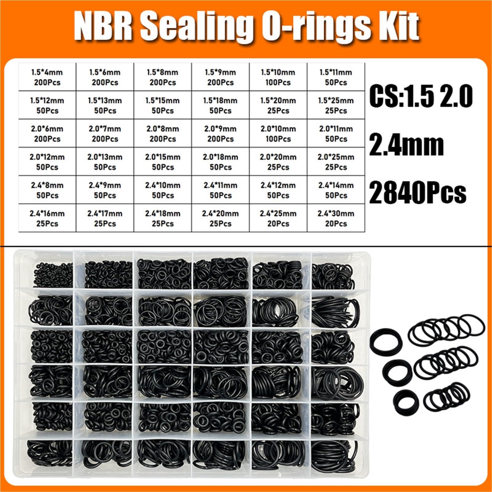 Juntas de enfriador de aceite Junta tórica de sellado 2840p, junta tórica de NBR, junta de plomería, resistente al aceite, alta temperatura, CS, 1,0-3,1 mm(Black 2840pcs)
