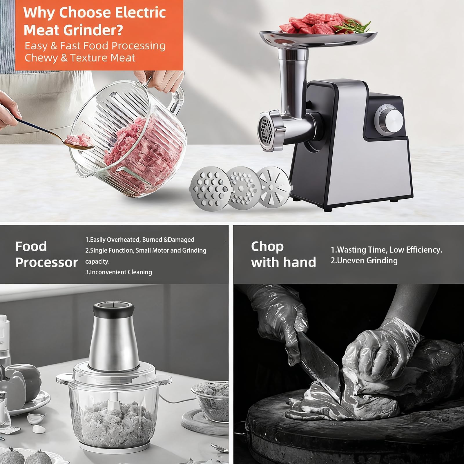 Picadora de carne eléctrica compacta, embutidora de salchichas doméstica pequeña con tubo de salchicha y kit Kubbe, picadora de carne para uso doméstico en la cocina