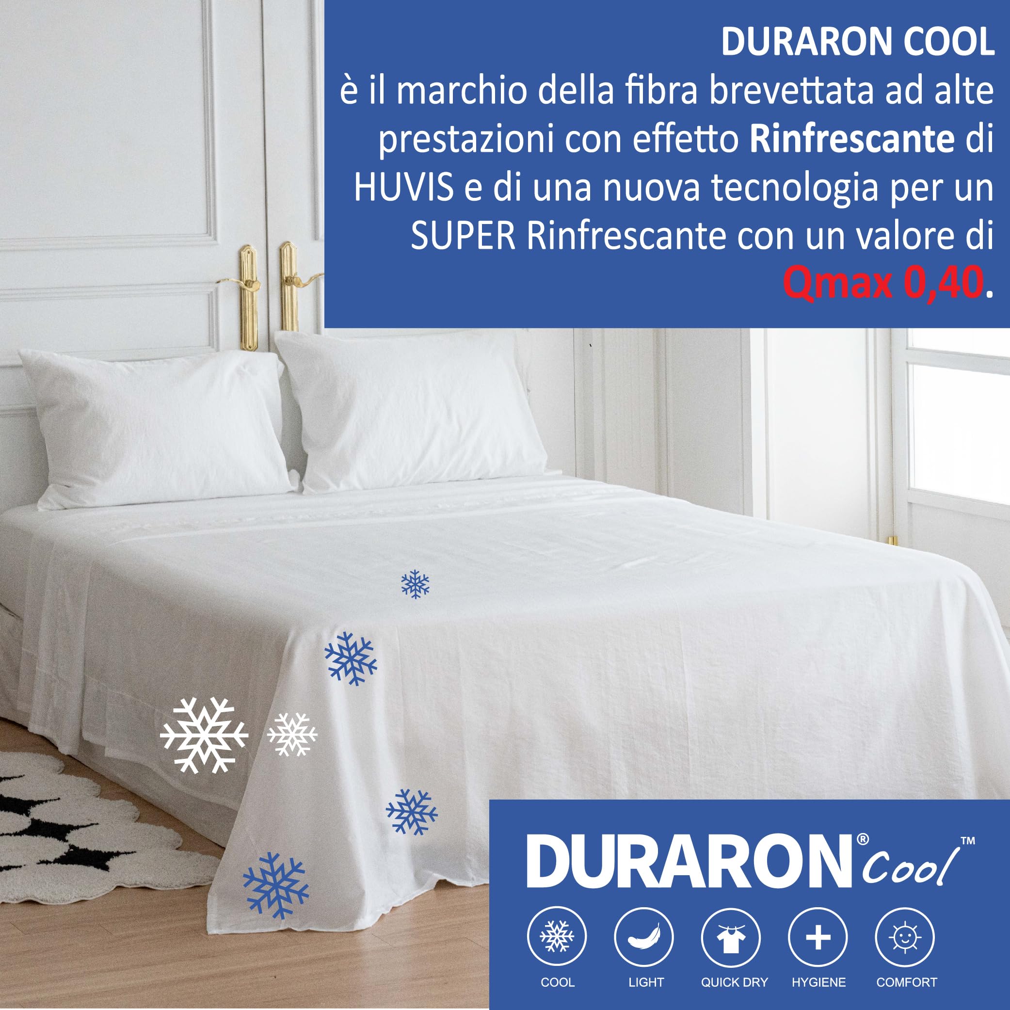 Lenzuolo sopra SUPER Rinfrescante, MADE IN KOREA nuova tecnologia del tessuto Rinfrescante DURARON COOL di Qmax < 0.4 EFFETTO RINFRESCANTE IMMEDIATO bianco (240x290cm)