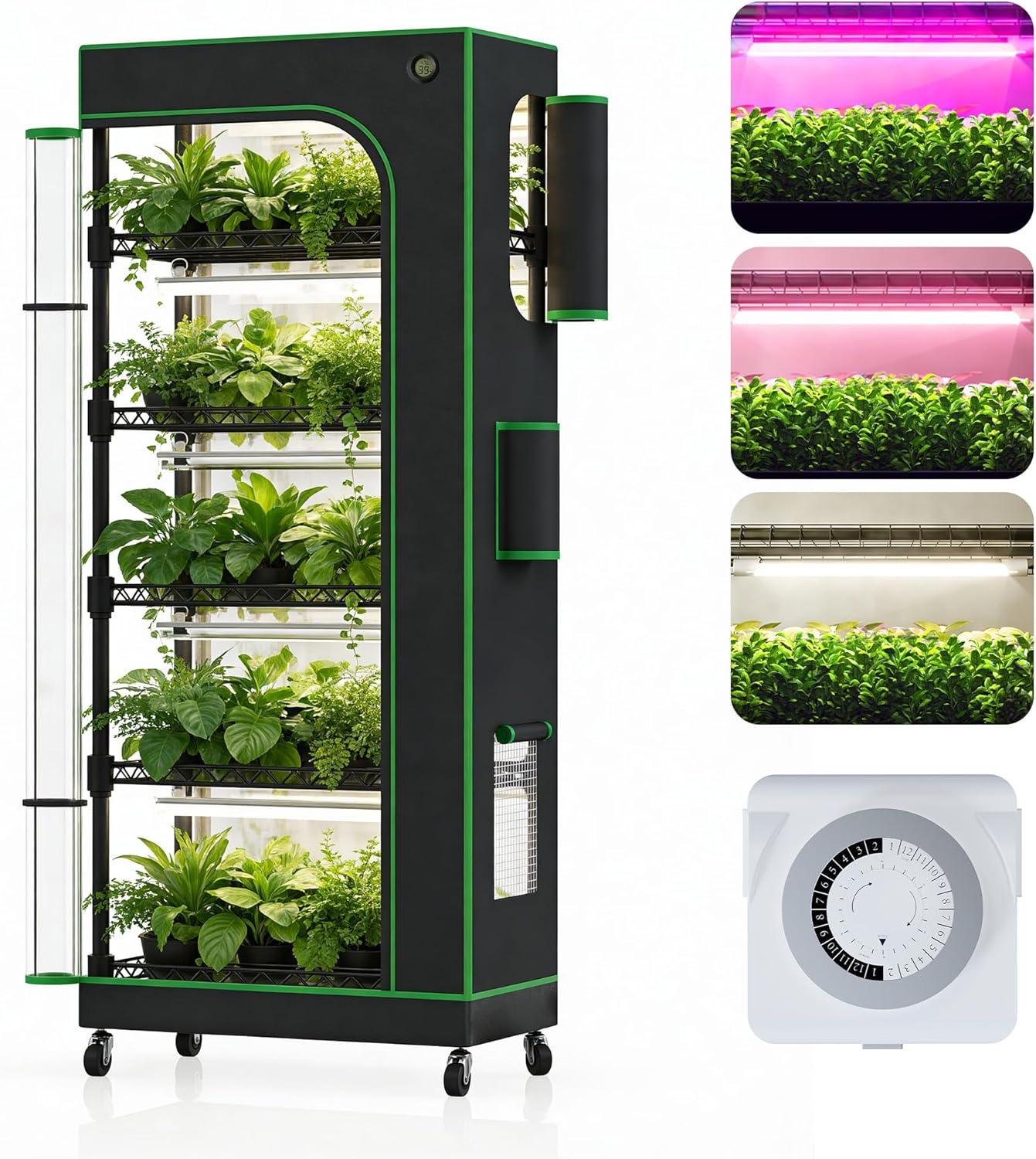 PYY Indoor Greenhouse with Grow Light - 6 Tier Heavy Duty T8 3000K Grow Lights, Curved Zip Door, Thermometer & Timer, Adjustable Shelves, 4 Caster Wheels for Home & Garden (27.6"x15.7"x70.9")