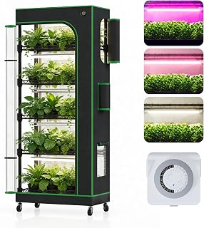 PYY Indoor Greenhouse with Grow Light - 6 Tier Heavy Duty T8 3000K Grow Lights, Curved Zip Door, Thermometer & Timer, Adjustable Shelves, 4 Caster Wheels for Home & Garden (27.6"x15.7"x70.9")