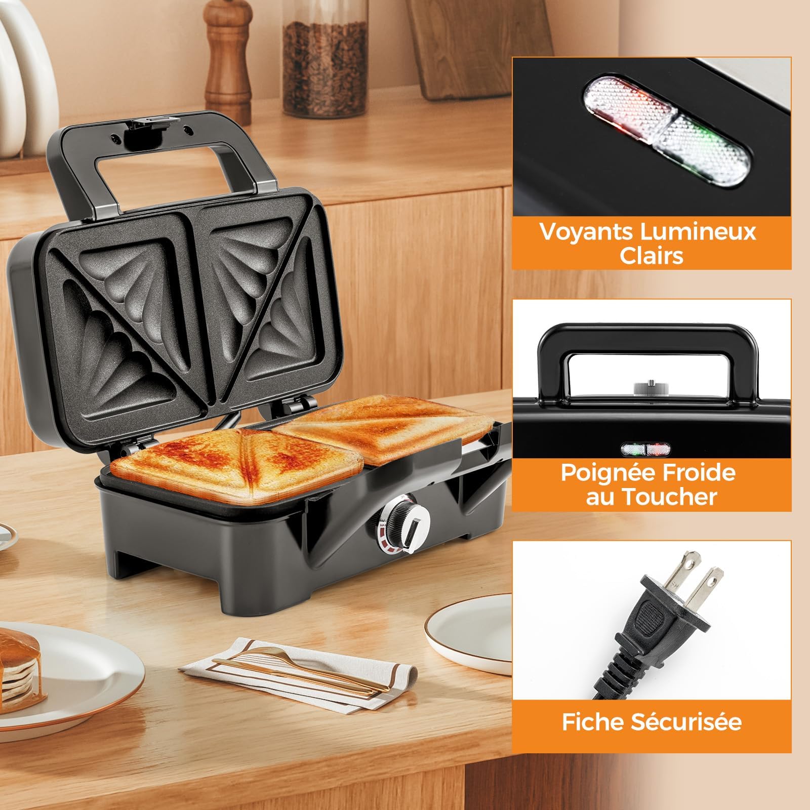 RELAX4LIFE Gaufrier 1000W-Croque Monsieur 3 en 1 avec 2 Frire&2 Griller&2 Gaufres&Poignée Cool Touch|Contrôle de Température à 5 Niveaux, Acier Inoxydable pour Anniversaires Fêtes Pâques Noël (S)
