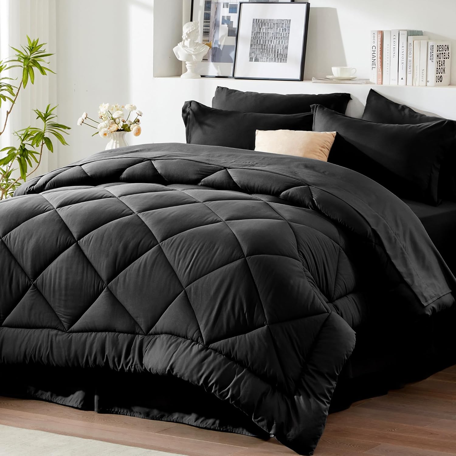 Amazon.com: Newspin Full Bed in a Bag 8 Pieces Comforter Set, Black All Season Bed Set, Full ...
