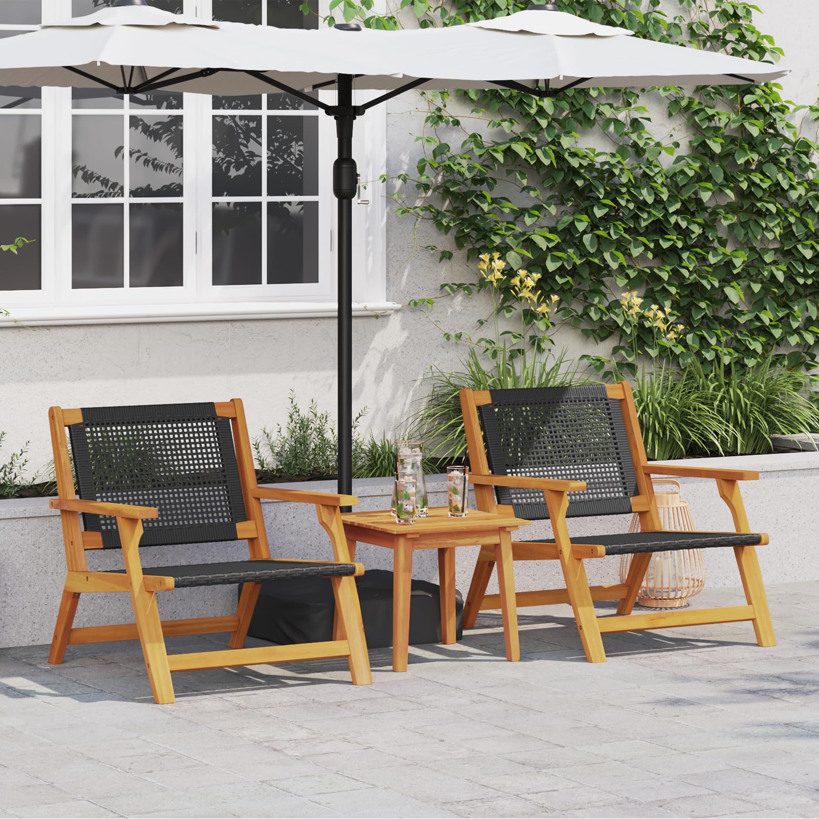 Chaises de jardin en bois d'acacia noir et fauteuil rotin extérieur résistant aux intempéries