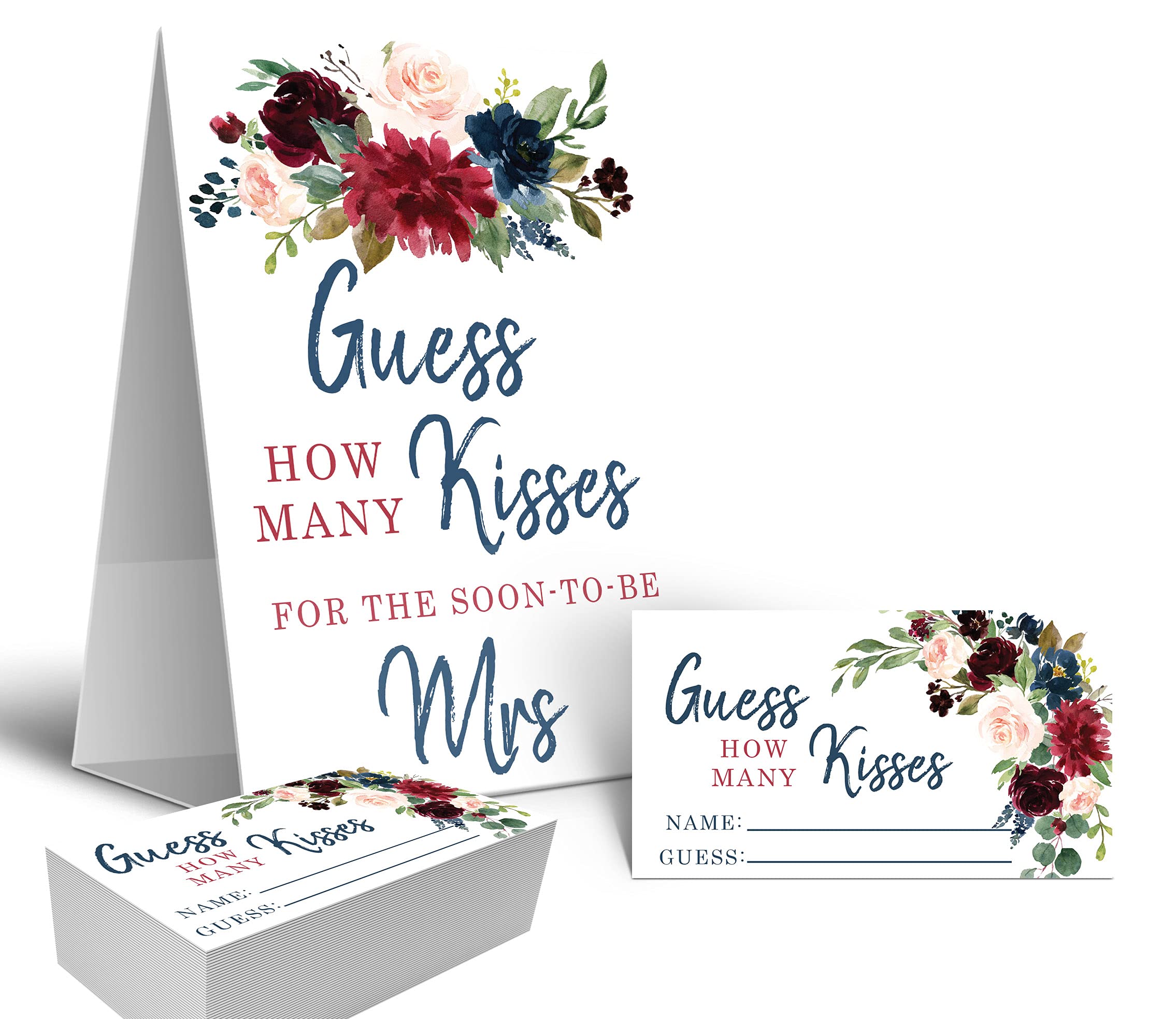 Your Main Event PrintsBurgundy and Navy How Many Kisses Game Sign and Cards Great for Bridal Showers and Weddings, Neutral Floral