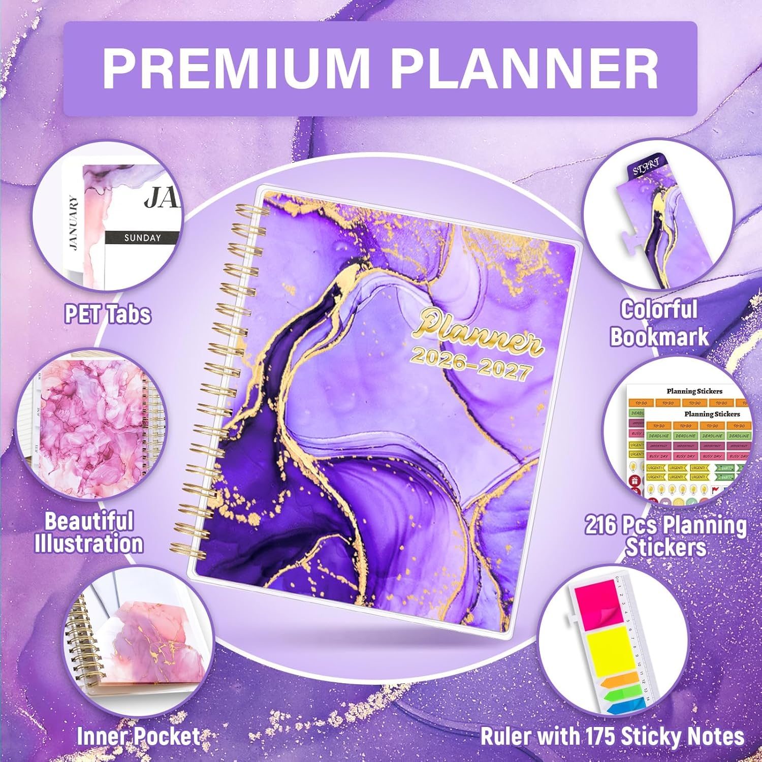 Planner 2026-2027, Large 18 Months Academic Daily Weekly Monthly Planner Yearly Agenda Jan. 2026–June. 2027, 7.9" x 9.8", Page Tabs, Separator Page, Pocket Folder, Bookmark, Stickers, Sticky Note Set