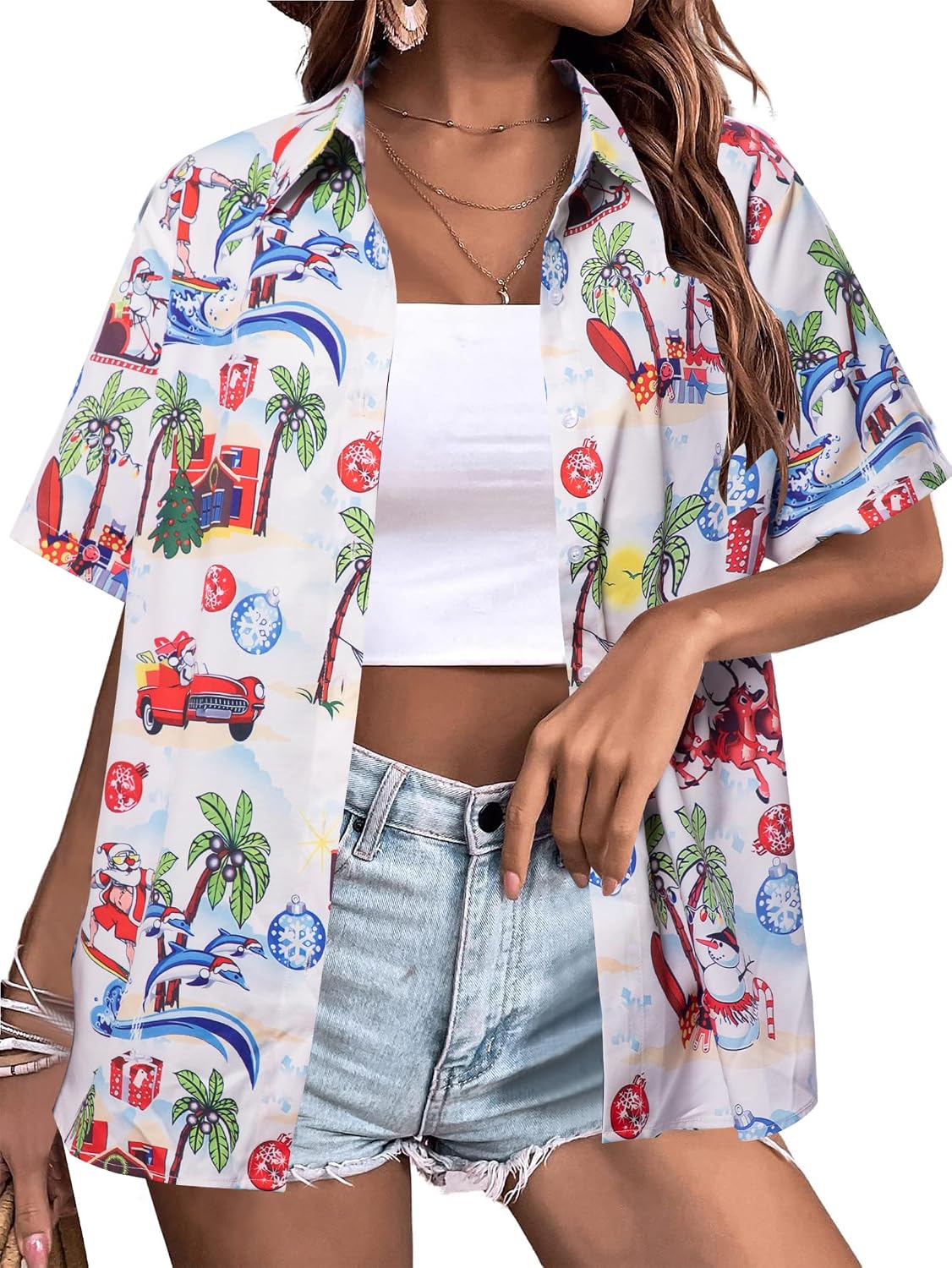 Hawaiian Shirts for Women Tropical Vacation Tops Button Down Blouse | holiday hawaiian tops tropical shirts summer beach short sleeve blouse trendy christmas shirt