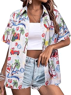 Christmas in July Shirts for Women Christmas Hawaiian T Shirt Beach Vacation Clothes Short Sleeve Button Down Tops