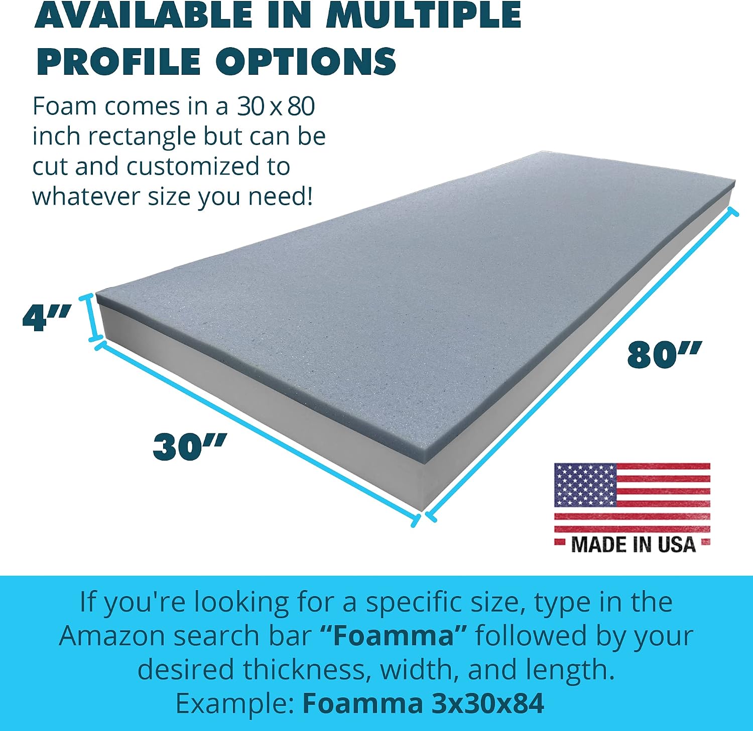 Foamma 4" x 30" x 80" Cooling Gel-Infused Memory Foam Cushion, High Density Foam Base, Medium Firm, Seat Replacement, Padding, Chair Cushion Square Foam, Dining Chairs, Wheelchair Cushion Replacement