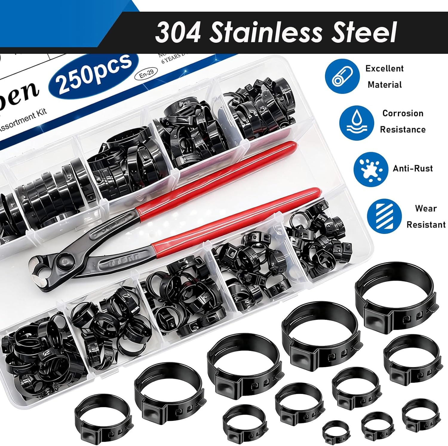 250Pcs 14 Sizes Single Ear Hose Clamp, 5.3-33.1mm 304 Stainless Steel Black Ear Hose Clamp Kit with Ear Clamp Pincer for Automotive, Plumbing, Fuel Line