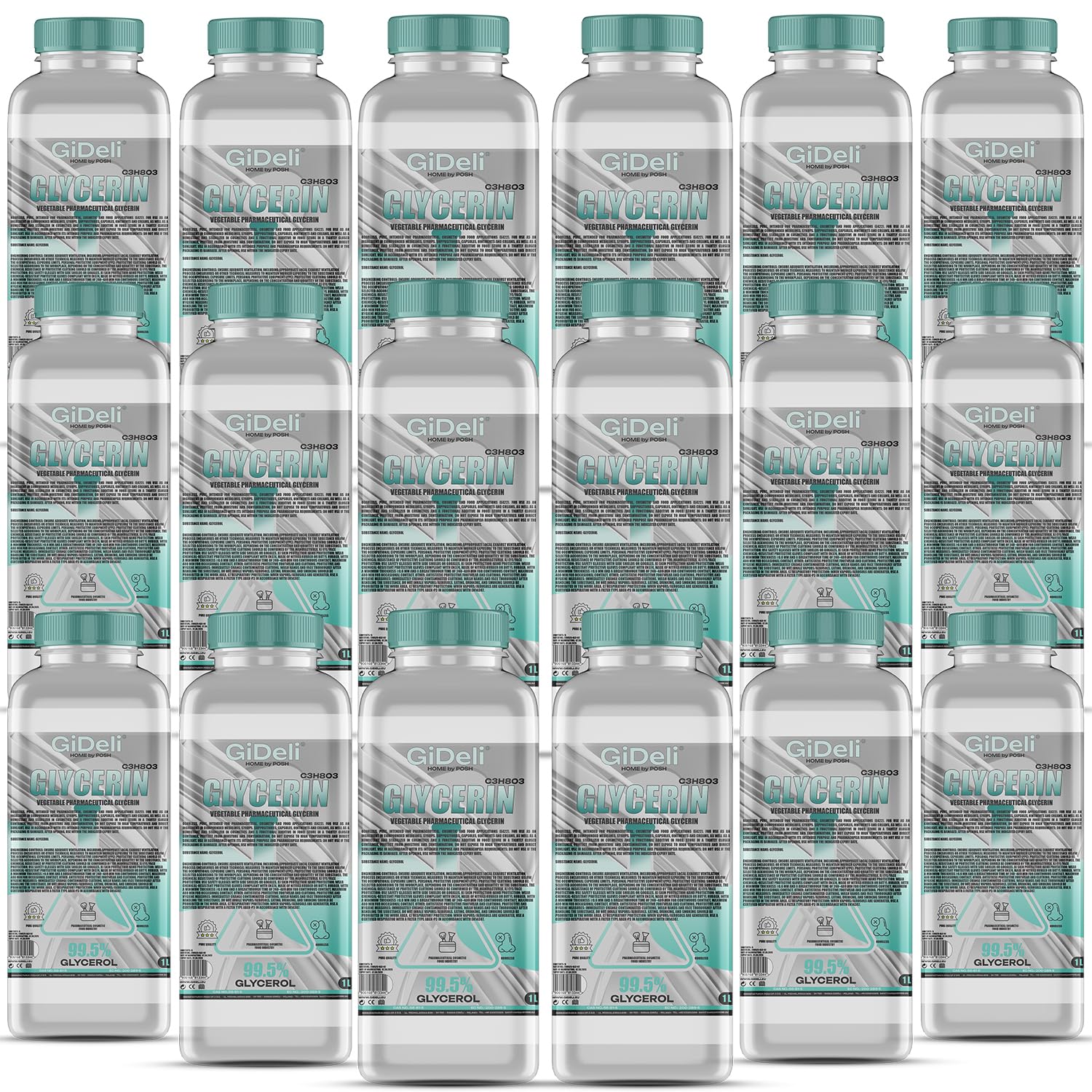 GiDeli Gliceryna 99,5% czysta 18 x 1 l gliceryna VG jakość farmaceutyczna E422 roślinna, wegańska, kolorowa, bezzapachowa