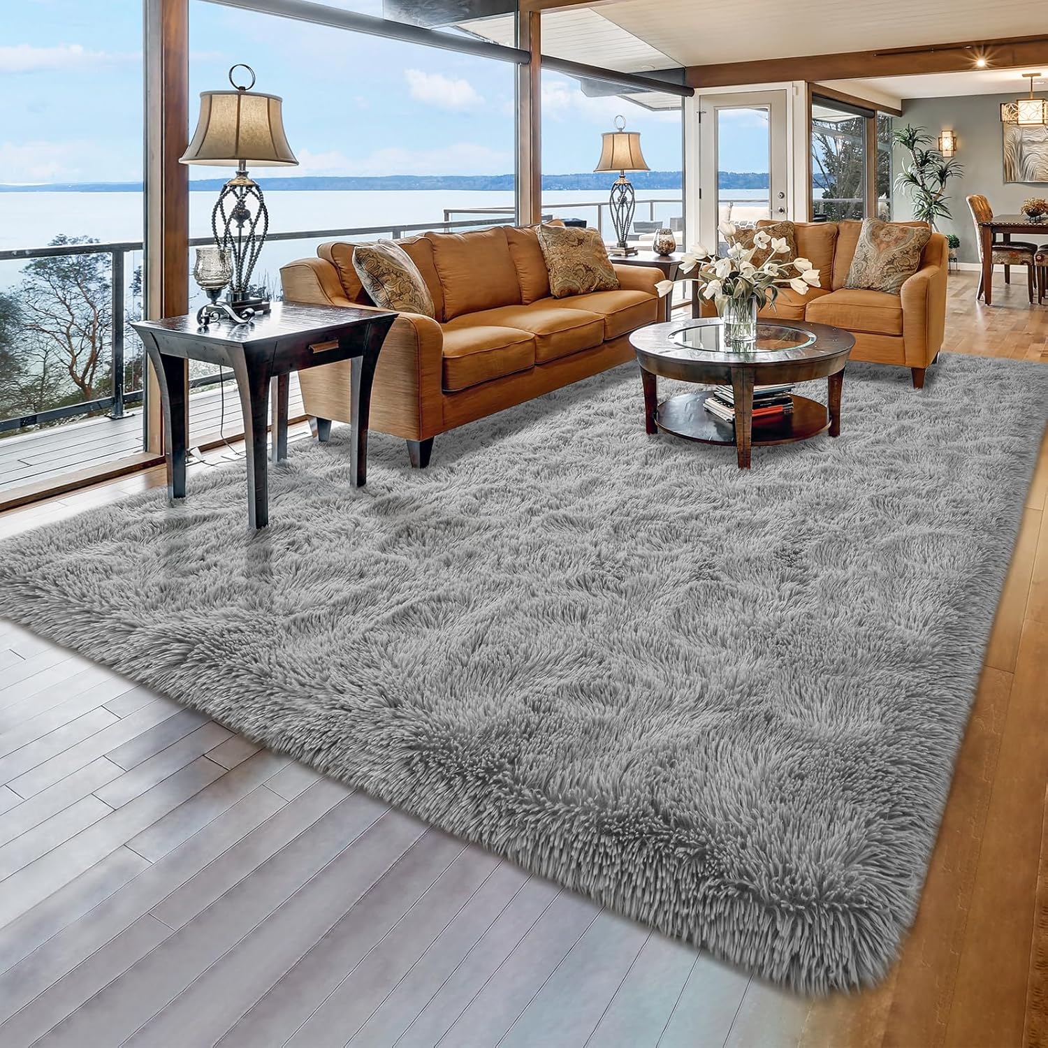 Shag Area Rug for Bedroom, 5x8 Feet Fluffy Rugs for Living Room, Plush Carpet with Non-Slip Bottom for Office Girls Boy's Bed Bedside Nursery Room, Grey
