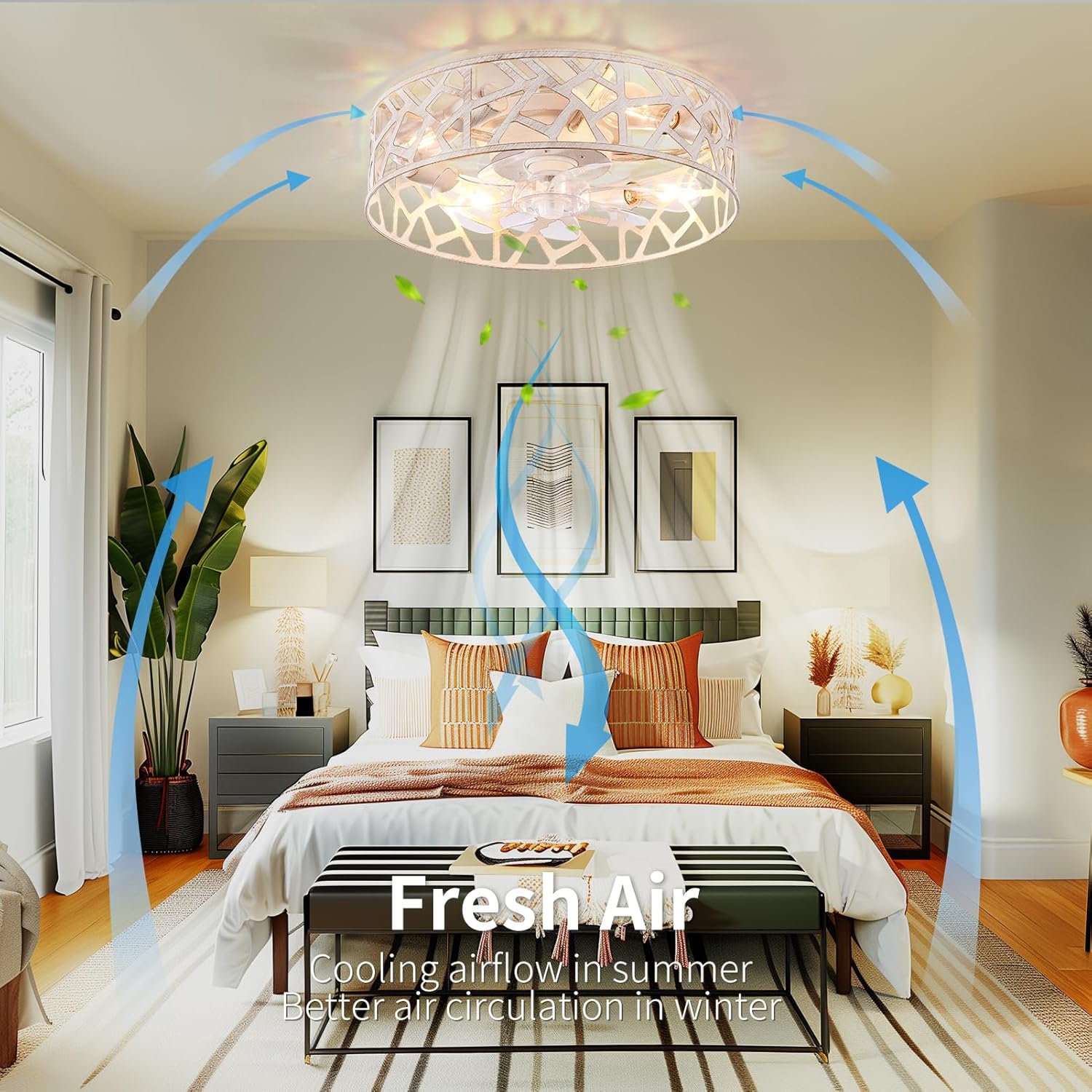 20 Inch Caged Ceiling Fans with Lights and Remote,Farmhouse Flush Mount Fandelier Ceiling Fan Vintage White, Low Profile Bladeless Ceiling Fans for Bedroom,Kitchen,Living Room