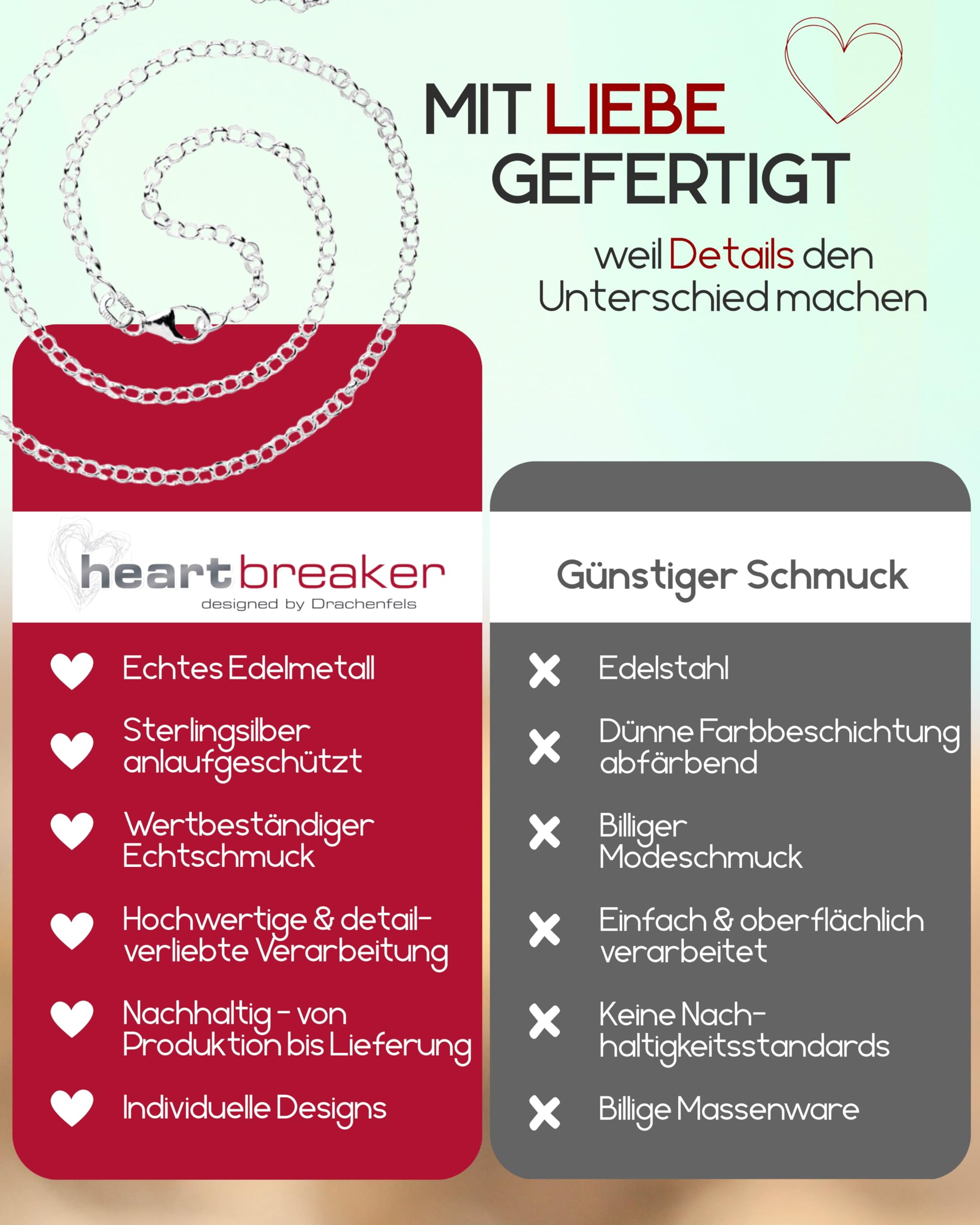 Heartbreaker Erbskette I Klassische Halskette für Anhänger aus hochwertigem 925 Sterling Silber I In Goldschmiedequalität gefertigt