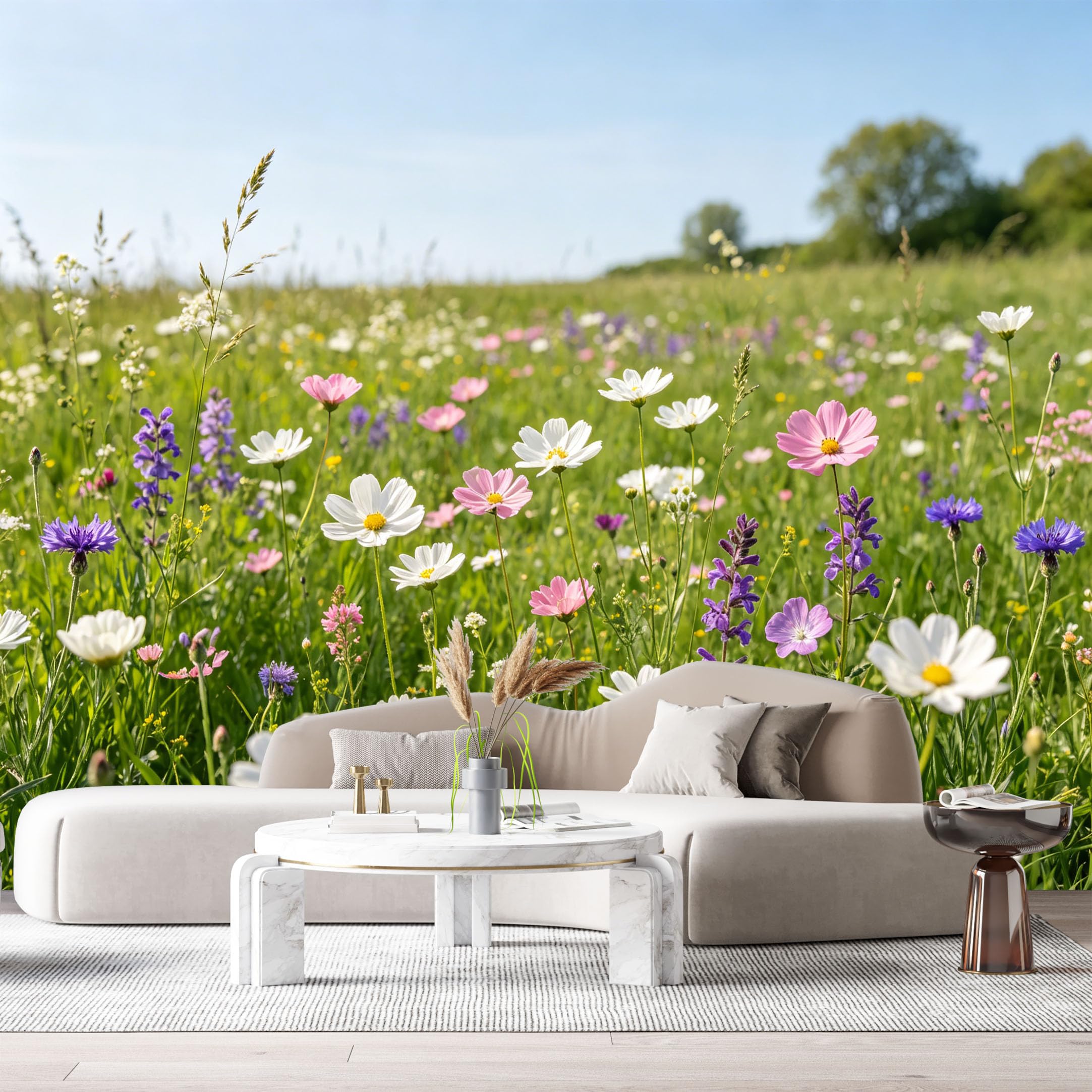 Custom Size Wall Murals Wildflower Meadow Botanical Landscape Blooming Field SelfAdhesive Wall Fabric Removable Large Wallpaper for Photo Living Room