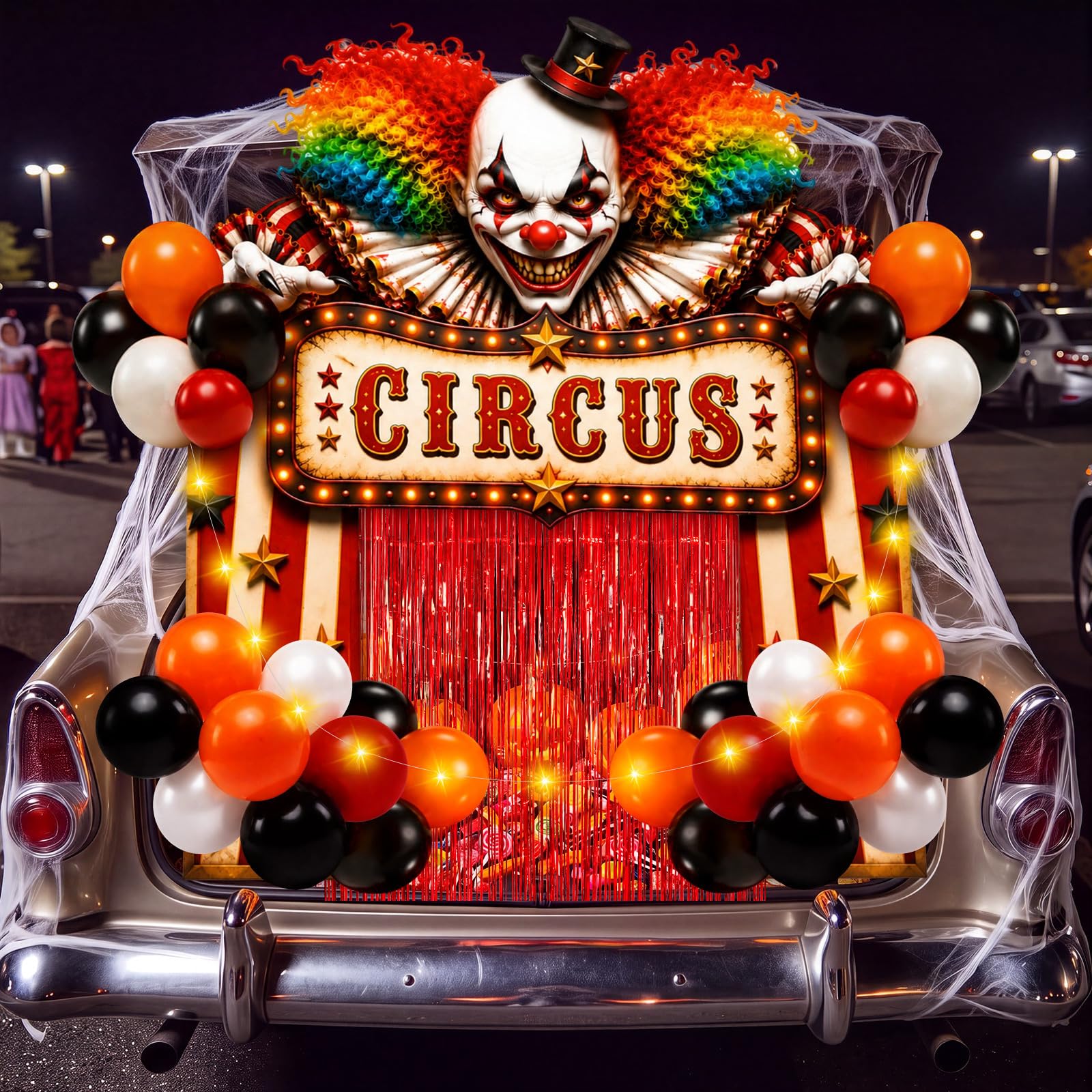 Soulchen Kit di decorazioni per bagagliaio di Halloween, per SUV, decorazione per interni ed esterni, pianeti, casa infestata, garage, palloncini sul prato, casa, esterni (circo carnevale)