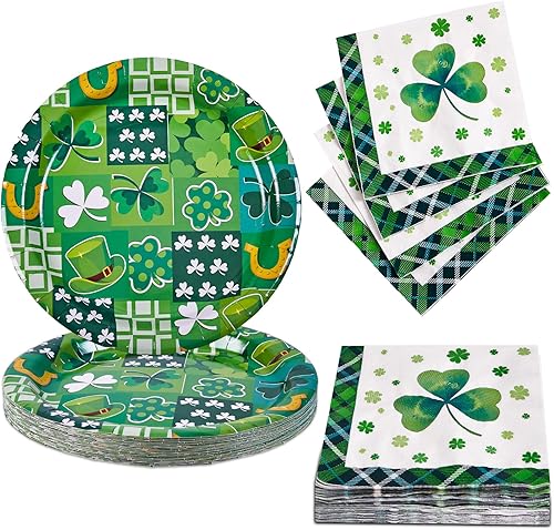 KTCNMER 50 platos y servilletas de papel del día de San Patricio, trébol irlandés de todos, sirve 25
