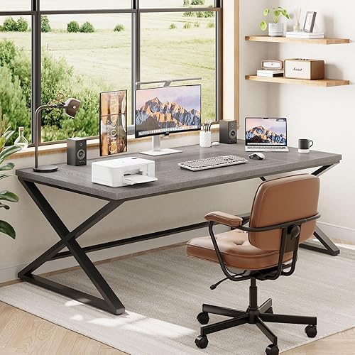 Miniatura 30 de IBF Escritorio grande para computadora negro, escritorio de escritura de 70.8 pulgadas de largo para oficina en casa, escritorio de estudio Roble