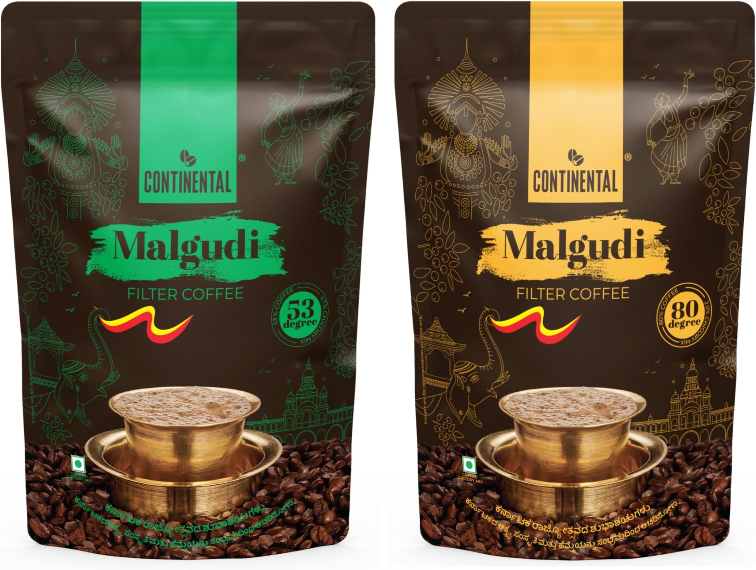 Continental Malgudi Filter Coffee 500gm Pouch Combo | (53% Coffee - 47% Chicory) + (80% Coffee - 20% Chicory) | Traditional South Indian | Freshly Roasted Ground Coffee | 500gm*2-1KG
