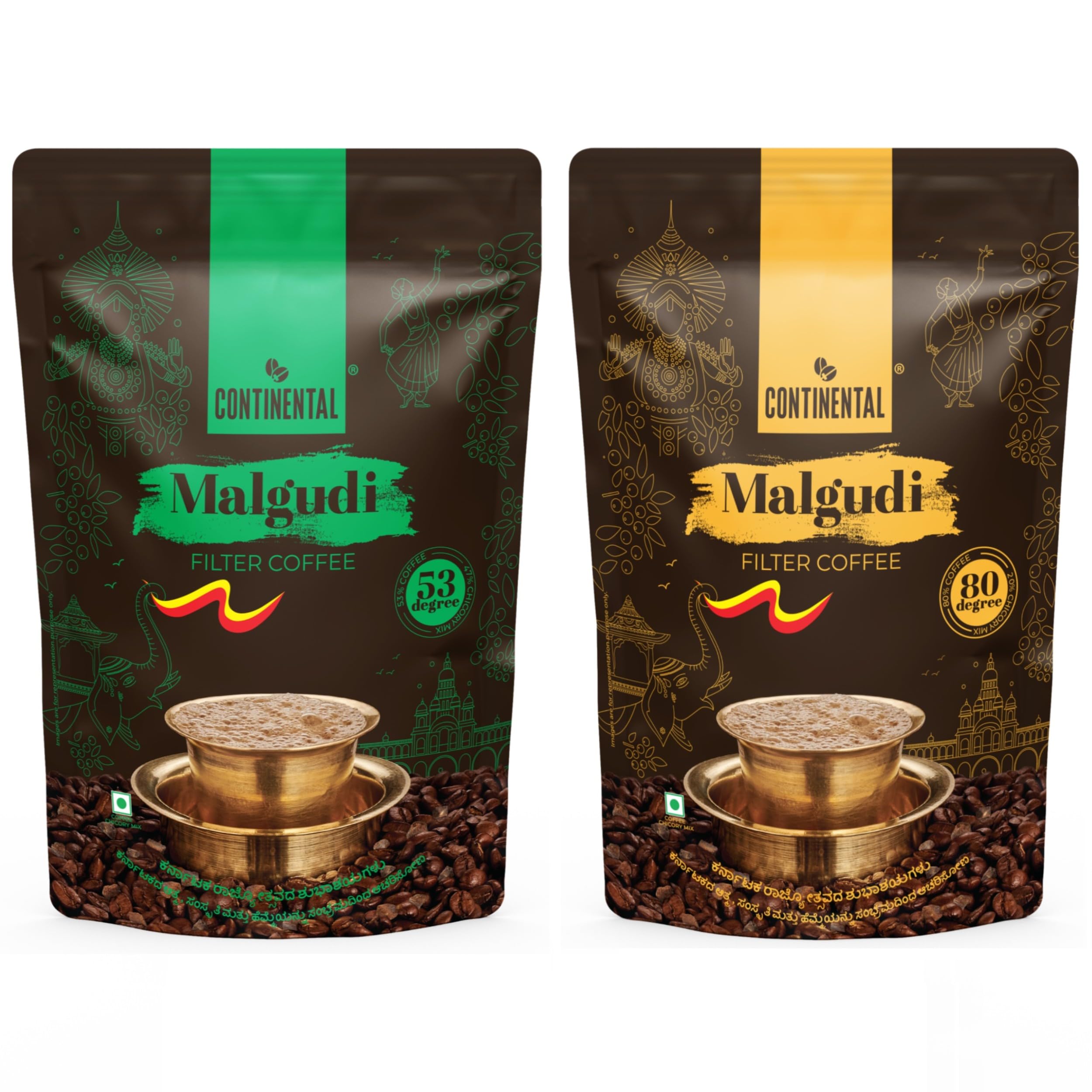 Continental Malgudi Filter Coffee 500gm Pouch Combo | (53% Coffee - 47% Chicory) + (80% Coffee - 20% Chicory) | Traditional South Indian | Freshly Roasted Ground Coffee | 500gm*2-1KG
