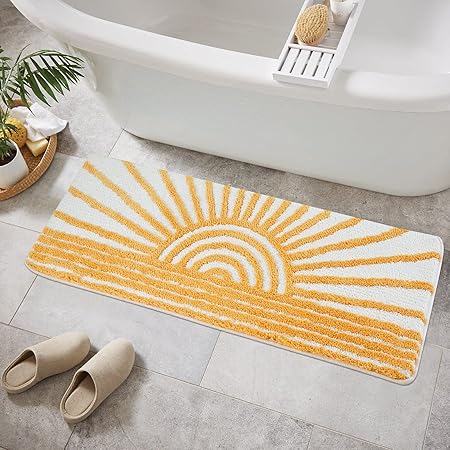 Uphome Boho Bathroom Runner Yellow and White Sun Long Bathroom Rugs Non Slip Water Absorbent Microfiber Bath Mat Modern Minimalism Machine Washable Bath Rugs for Bathtub Sink Shower, 18x47 inchOEKO-TEX STANDARD 100