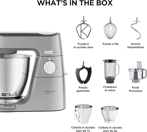 Kenwood Titanium Chef Baker XL Food Processor with Whisk, Dough Hook, Sticks and Bowl, 6.7 L, KVL85.424SI, Power 1500 W, Silver - 7