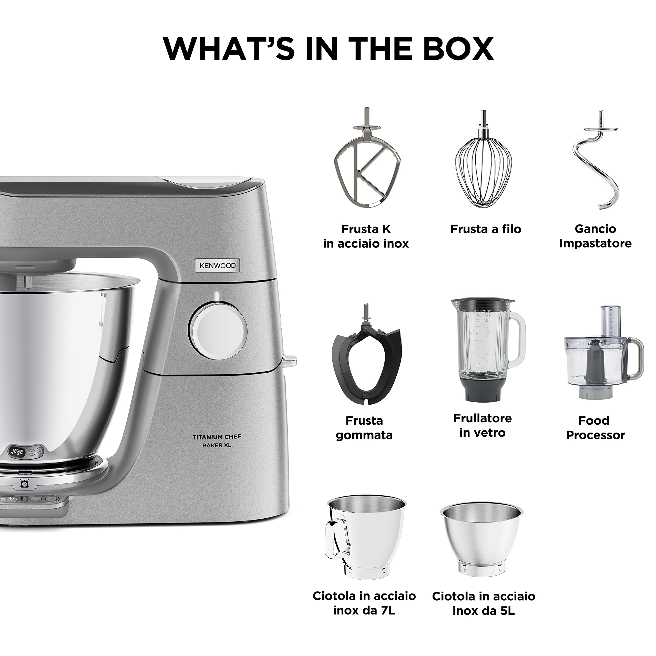 Kenwood Titanium Chef Baker XL KVL85.424SI Planetaria con Bilancia Integrata dotato con 3 utensili di miscelazione, Doppia Ciotola da 5L e 7L, Food Processor da 1,2L e Frullatore in vetro da 1,6L