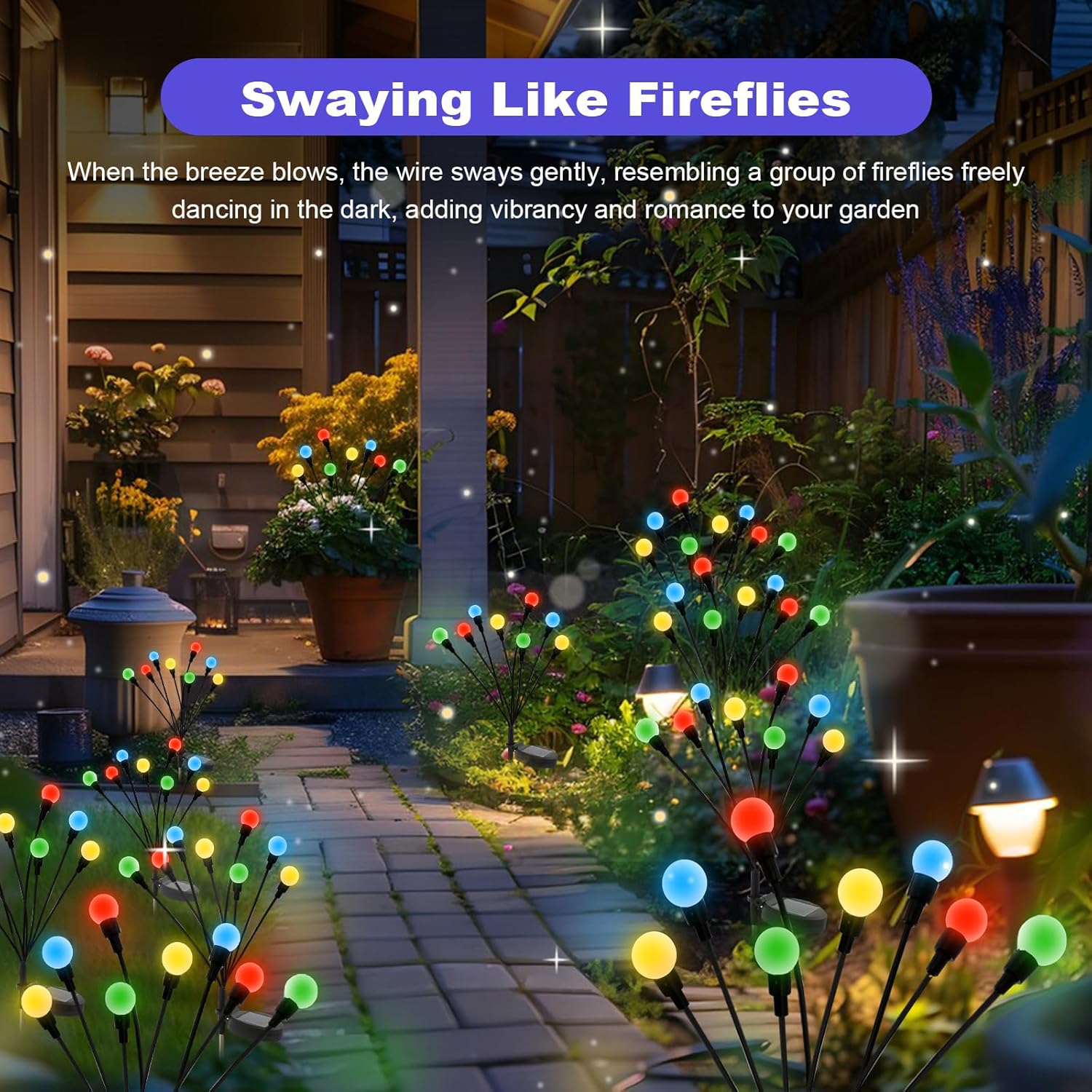 ALSO GO Solar Garden Lights, Solar Firefly Lights Outdoor 8 Pack 64 LEDs, Color Changing Swaying Light for Yard Patio Pathway Holiday Decoration, Iron Wire & Heavy Bulb Base, Gardening Gifts