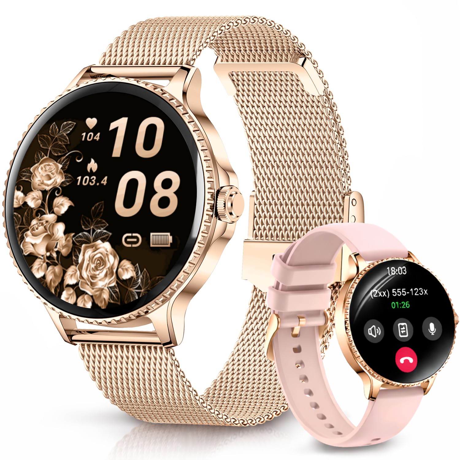 Smartwatch Donna, Orologio Intelligente Rotondo 1,27" HD con Chiamate Bluetooth, 2 Cinturini, Cardiofrequenzimetro SpO2 Sonno Contapassi, Orologio Fitness IP68 Impermeabile per Android/iOS, Oro rosa