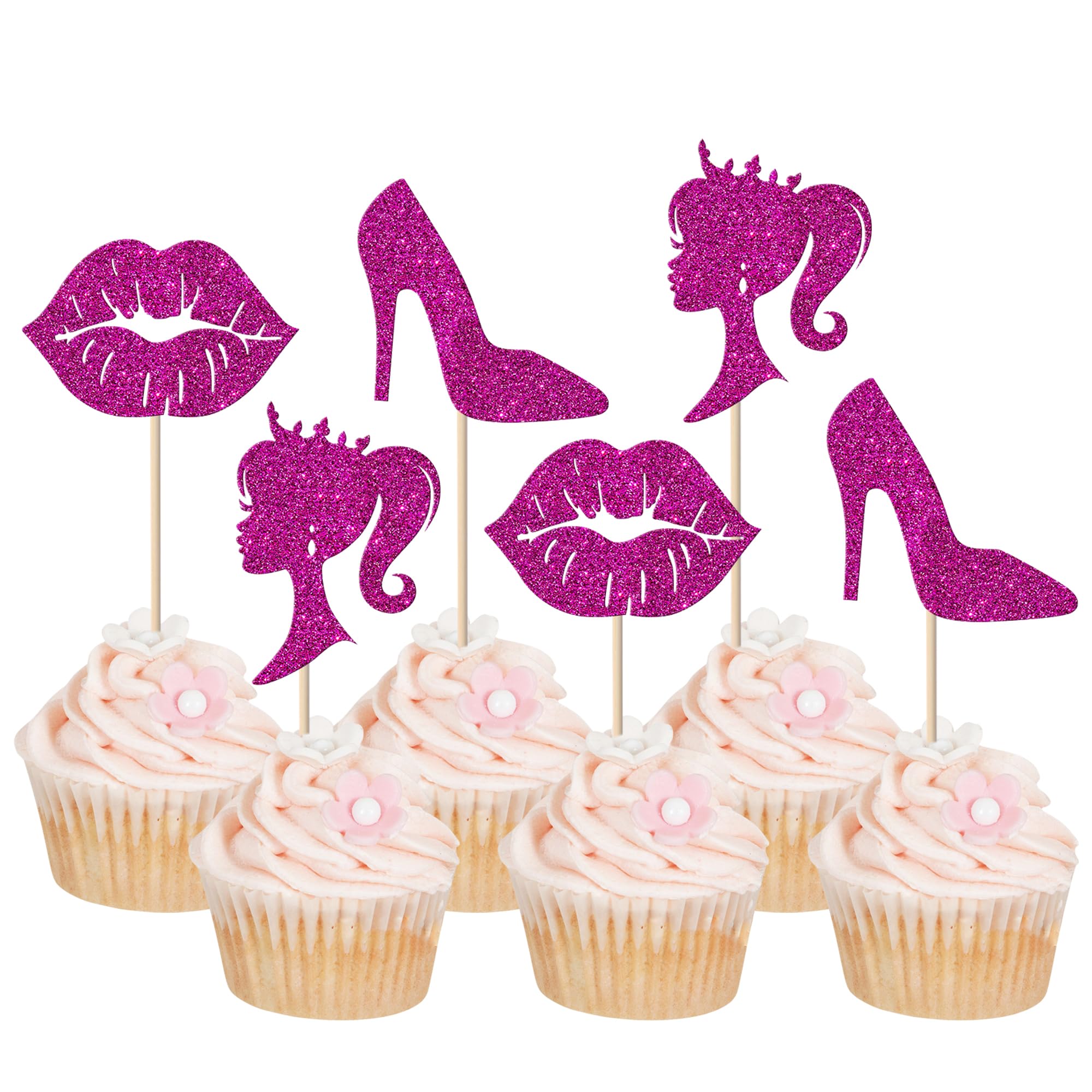 Rsstarxi 24 Pack Hot Pink Glitter Princess Cupcake Toppers Doll Head Lip High Heel Cupcake Topper Girl Birthday Theme Cupcake Picks for Baby Shower Girls Birthday Party Cake Decorations