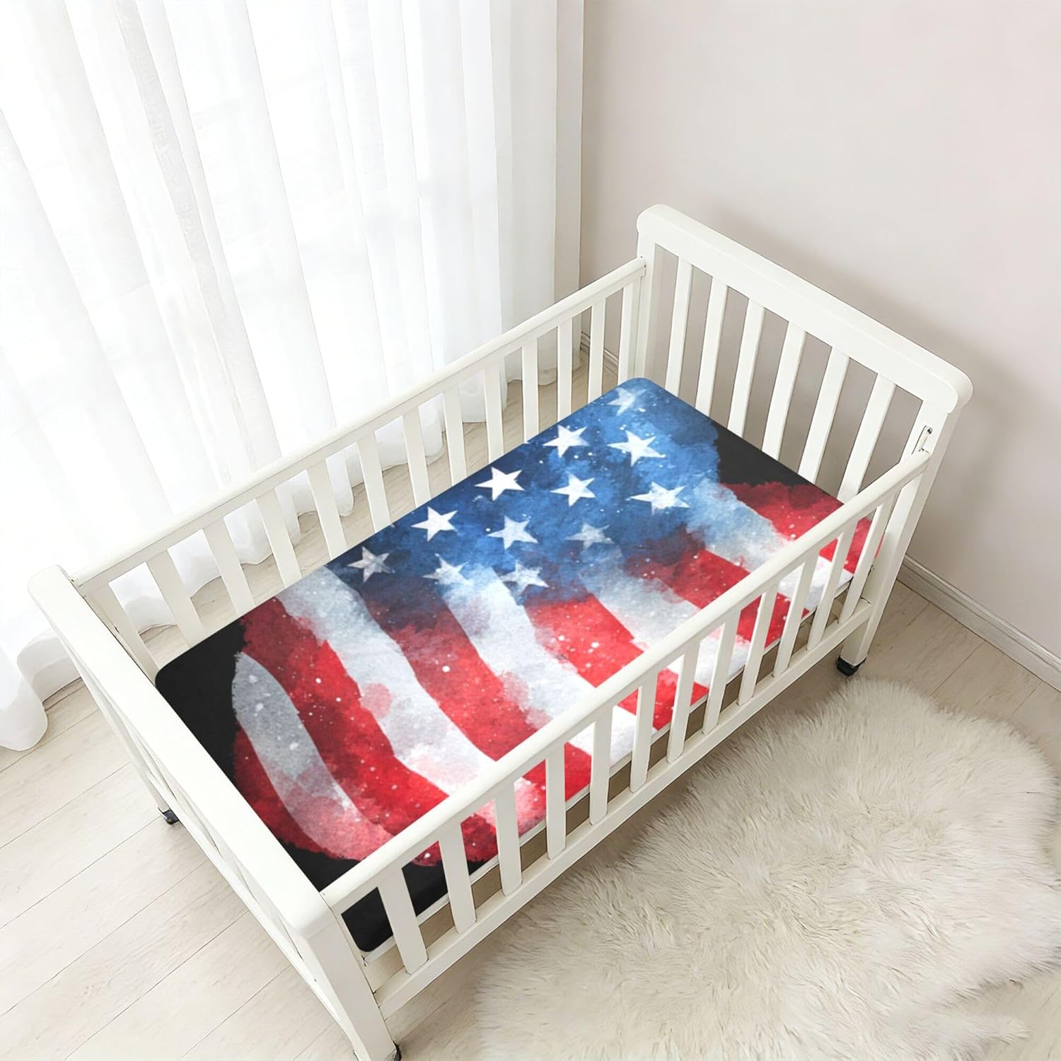 USA Flags Hearts Black Crib Sheets Soft Breathable Fitted Cotton Baby Crib Sheets Mattress Cover for Girl Boy, 52" x 28" x 9"