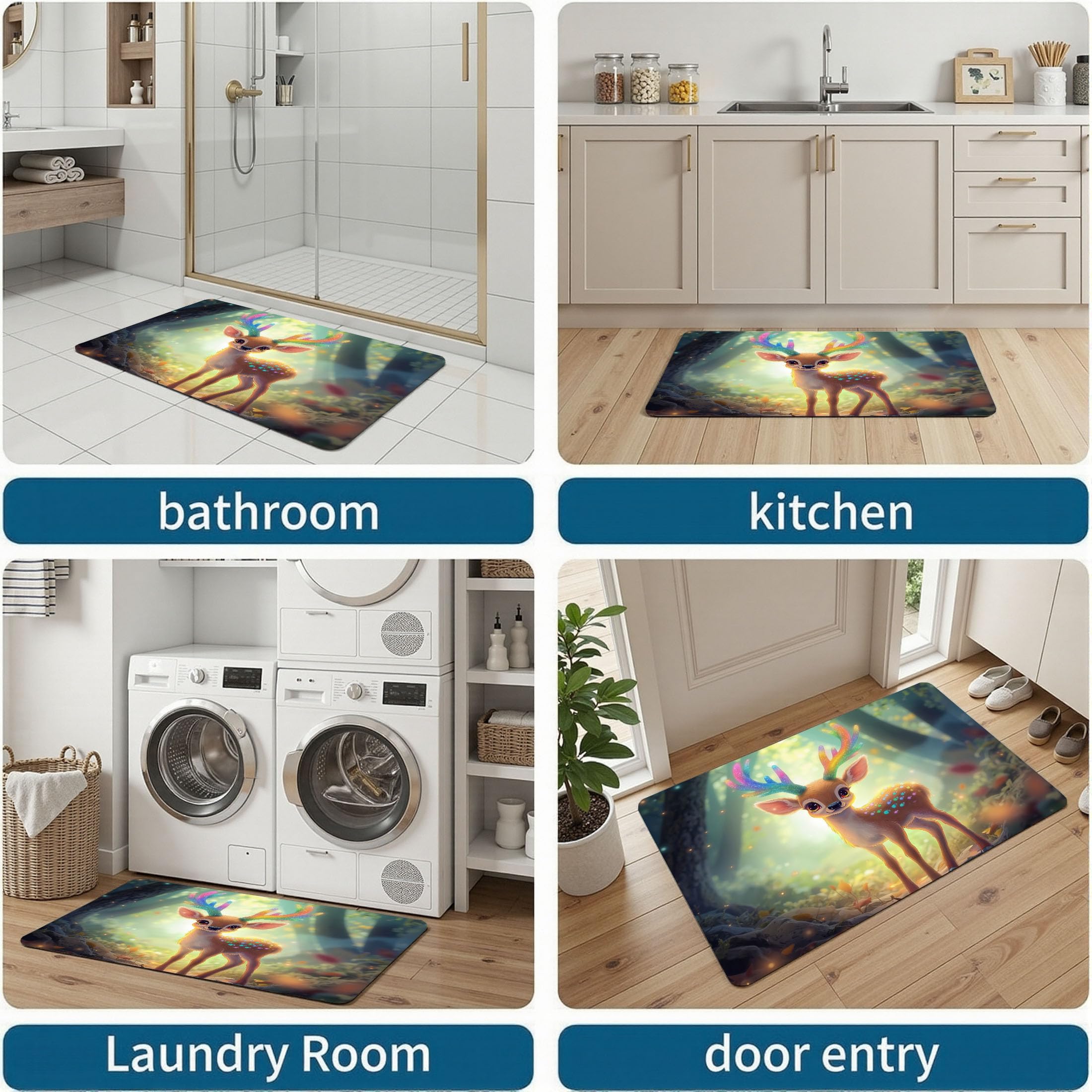 Fußmatte Innen 60x90cm, Waldhirsch rutschfeste Fußmatte für den Innenbereich, Traumwald Fußabtreter Türmatte wasserabsorbierende Schmutzfangmatte, Braun