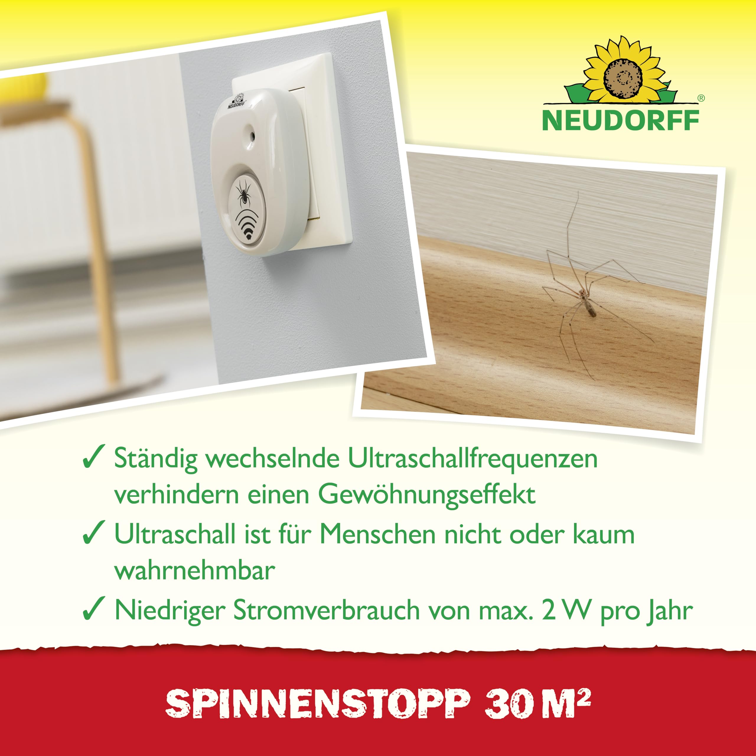 Neudorff SpinnenStopp 30m² – Vertreibt Spinnen sofort und dauerhaft aus Wohnräumen, Dachböden, Kellern und Garagen. Anti Gewöhnungseffekt, 1 Stück