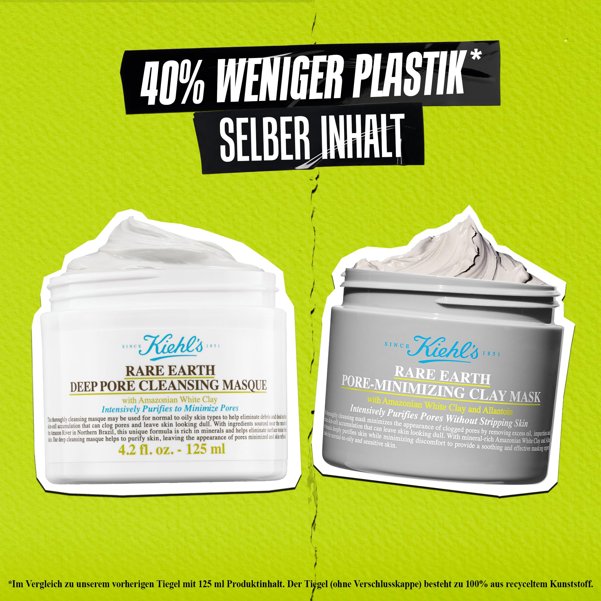 KIEHL'S Rare Earth Deep Pore Cleansing Mask, 125 ml, reinigende Detox-Gesichtsmaske mit Aloe Vera und Amazonas-Tonerde, Anti Pickel Gesichtsreiniger zur Minimierung von Poren und Mitessern