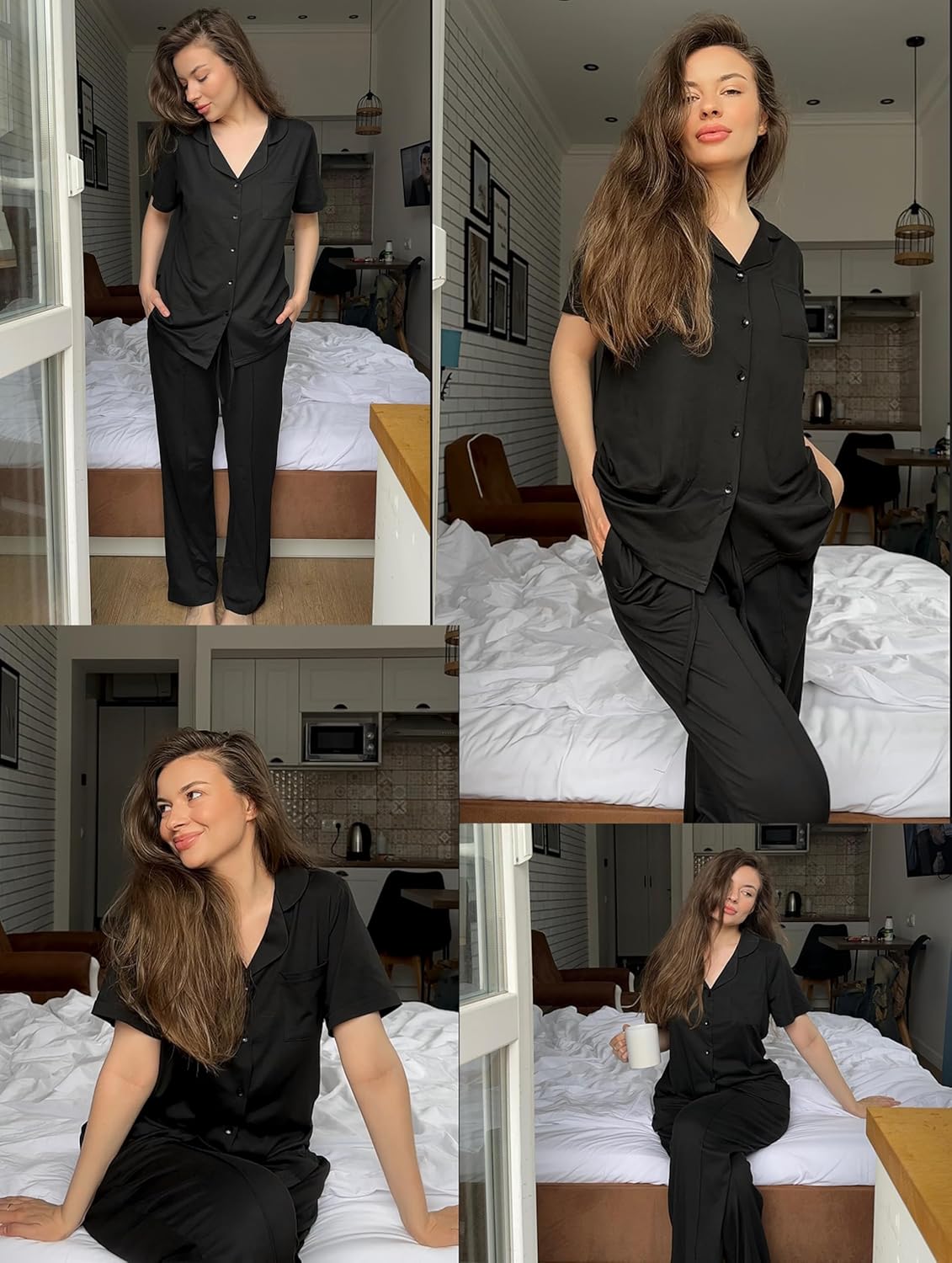 Ekouaer Pajamas for Women Set Button Up Sleepswear 2 Piece Short Sleeve PJ Top and Long Pants Loungwear With Pocket S-XXL - Image 6