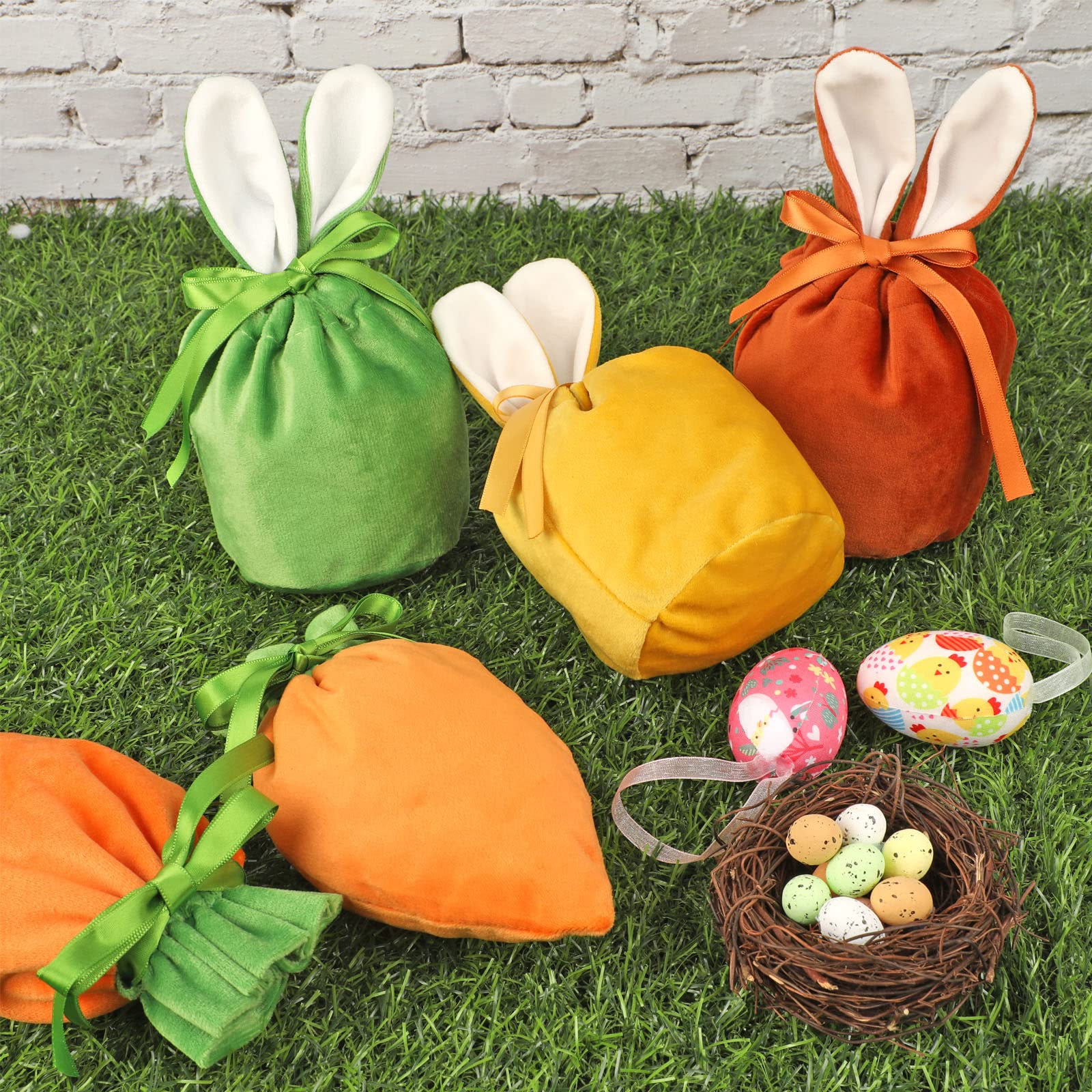 6 Sacchetti Di Pasqua Forma Coniglio E Carota – Riutilizzabili In Velluto, Con Cordoncino, Perfetti Per Regali E Decorazioni!