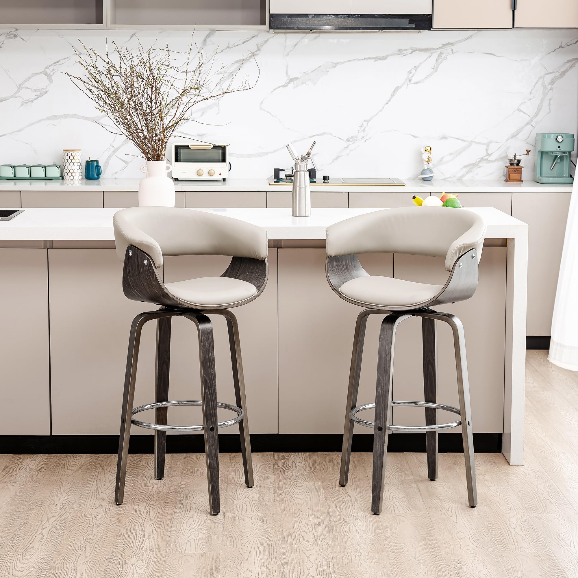 Glitzhome 29.5 inch Height Swivel Bar Stools, Upholstered PU Leather Bar Height Chairs with Backs & Walnut Bent Wood Legs Kitchen Stools Pub Chairs,